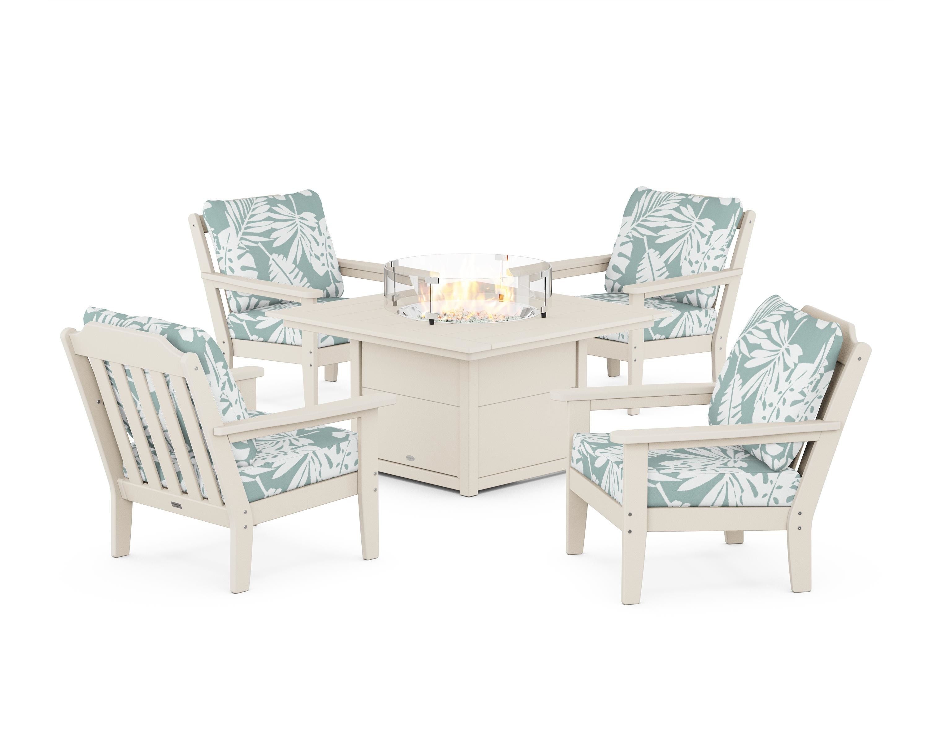 Country Living Cottage 5-Piece Deep Seating Set with Fire Pit Table in Sand / Leaf Glacier Spa