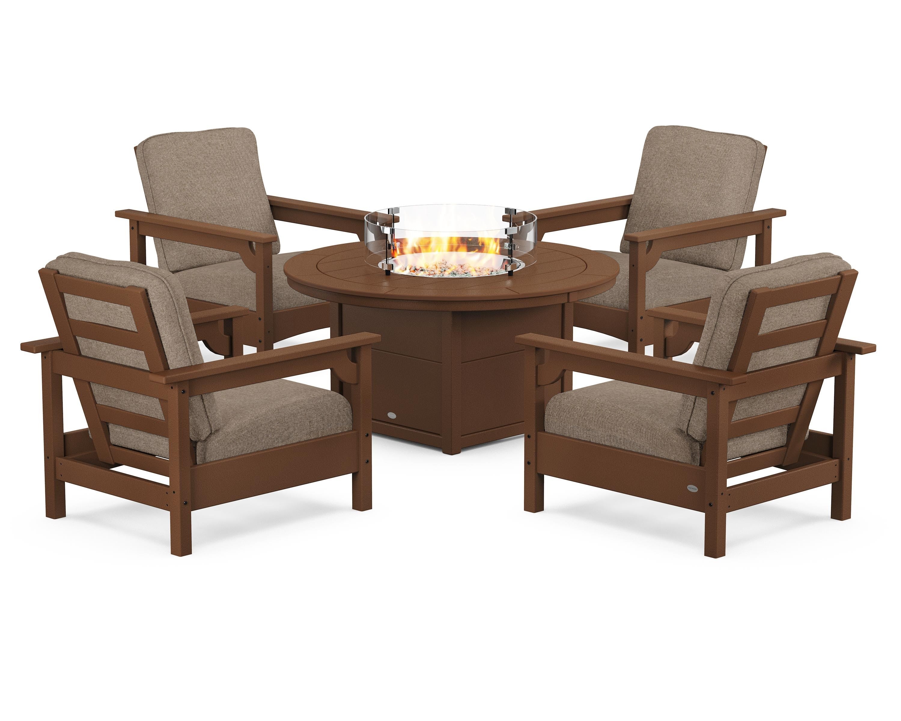 POLYWOOD Club 5-Piece Conversation Set with Fire Pit Table in Teak / Spiced Burlap