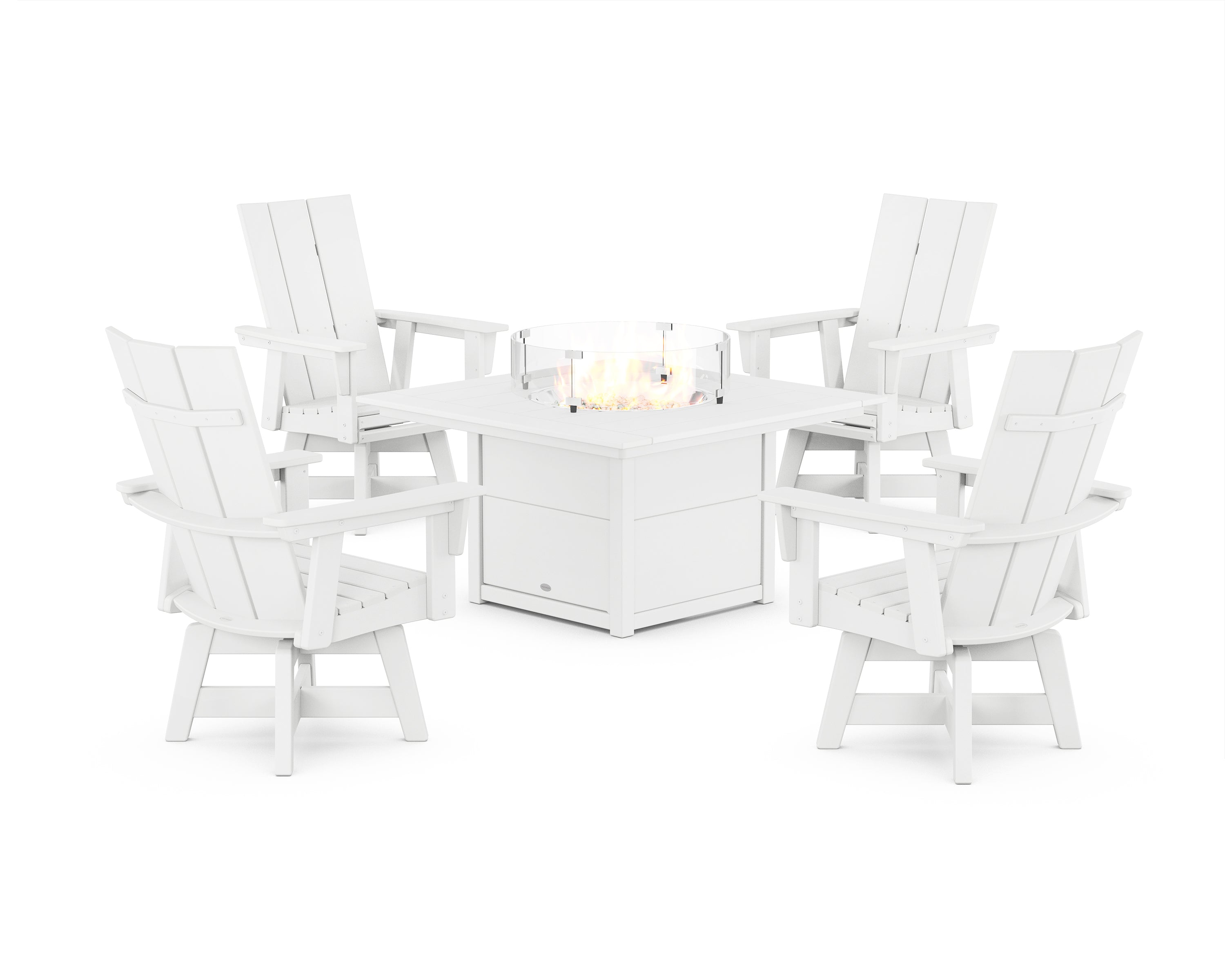 POLYWOOD® Modern 4-Piece Curveback Upright Adirondack Conversation Set with Fire Pit Table in White