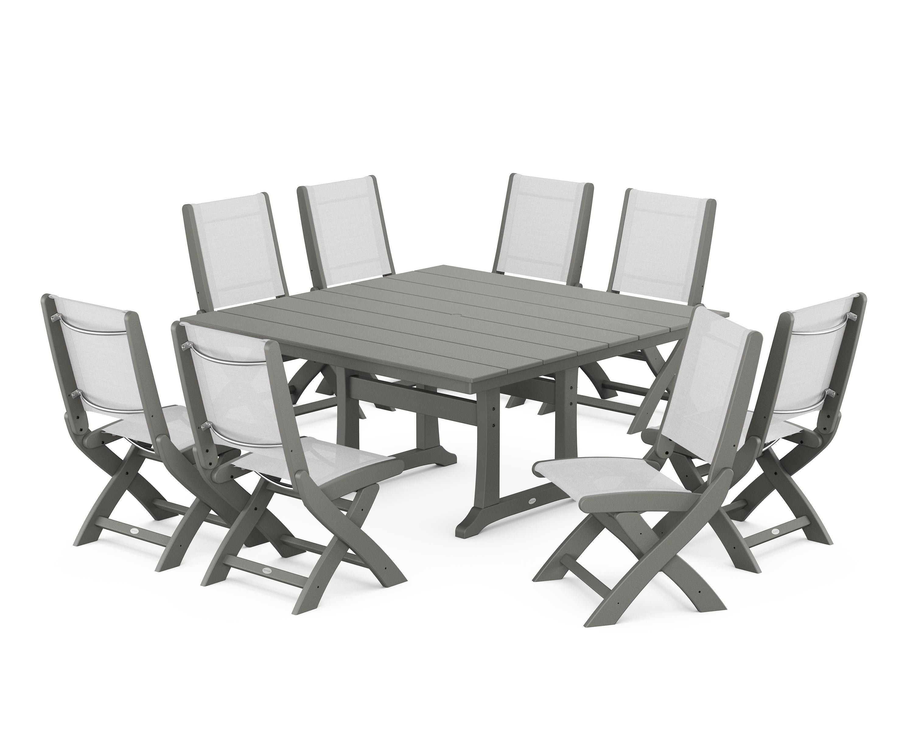 POLYWOOD Coastal Folding Side Chair 9-Piece Farmhouse Dining Set in Slate Grey / White Sling