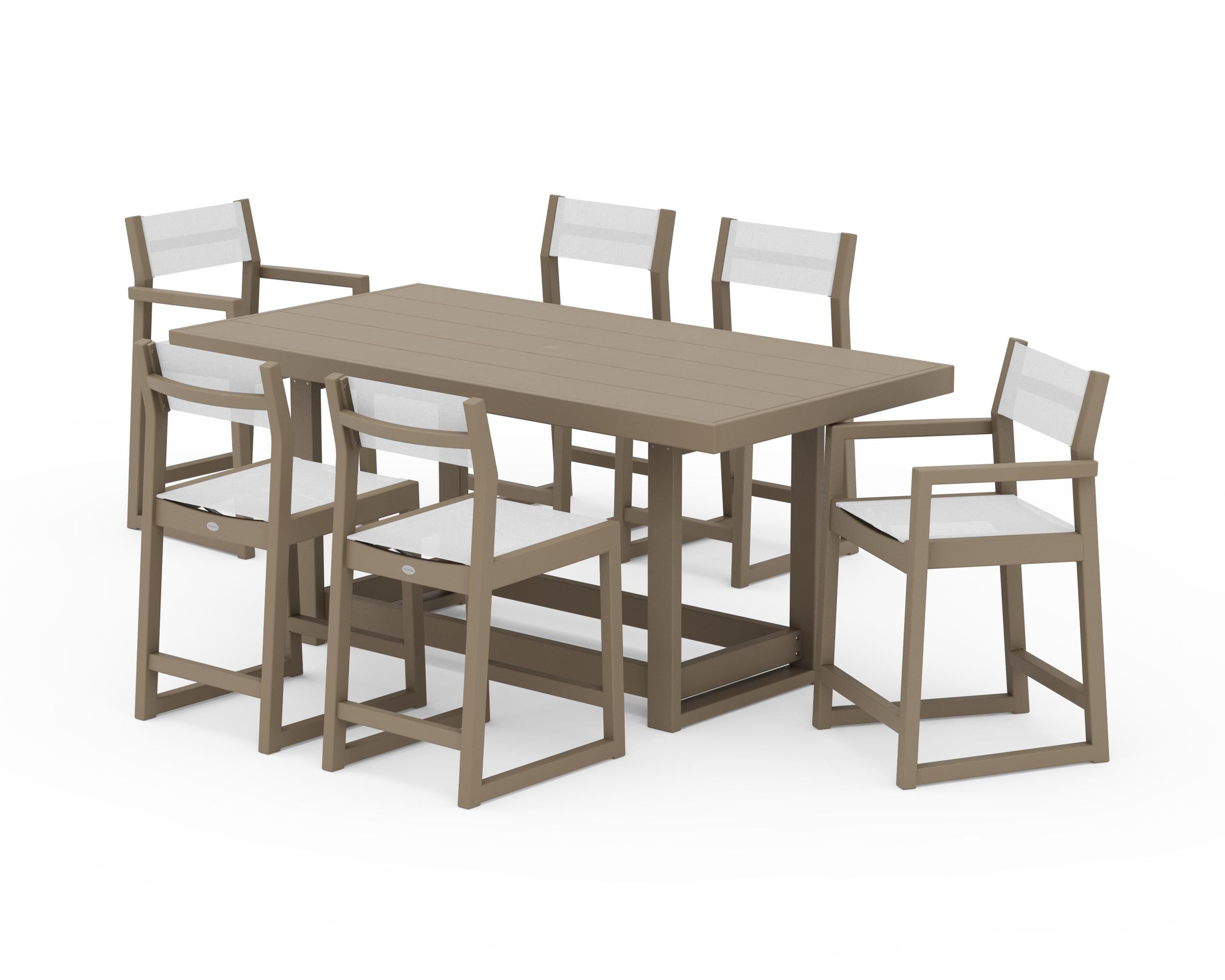 POLYWOOD EDGE Sling 7-Piece Counter Table Set in Vintage Sahara / White Sling