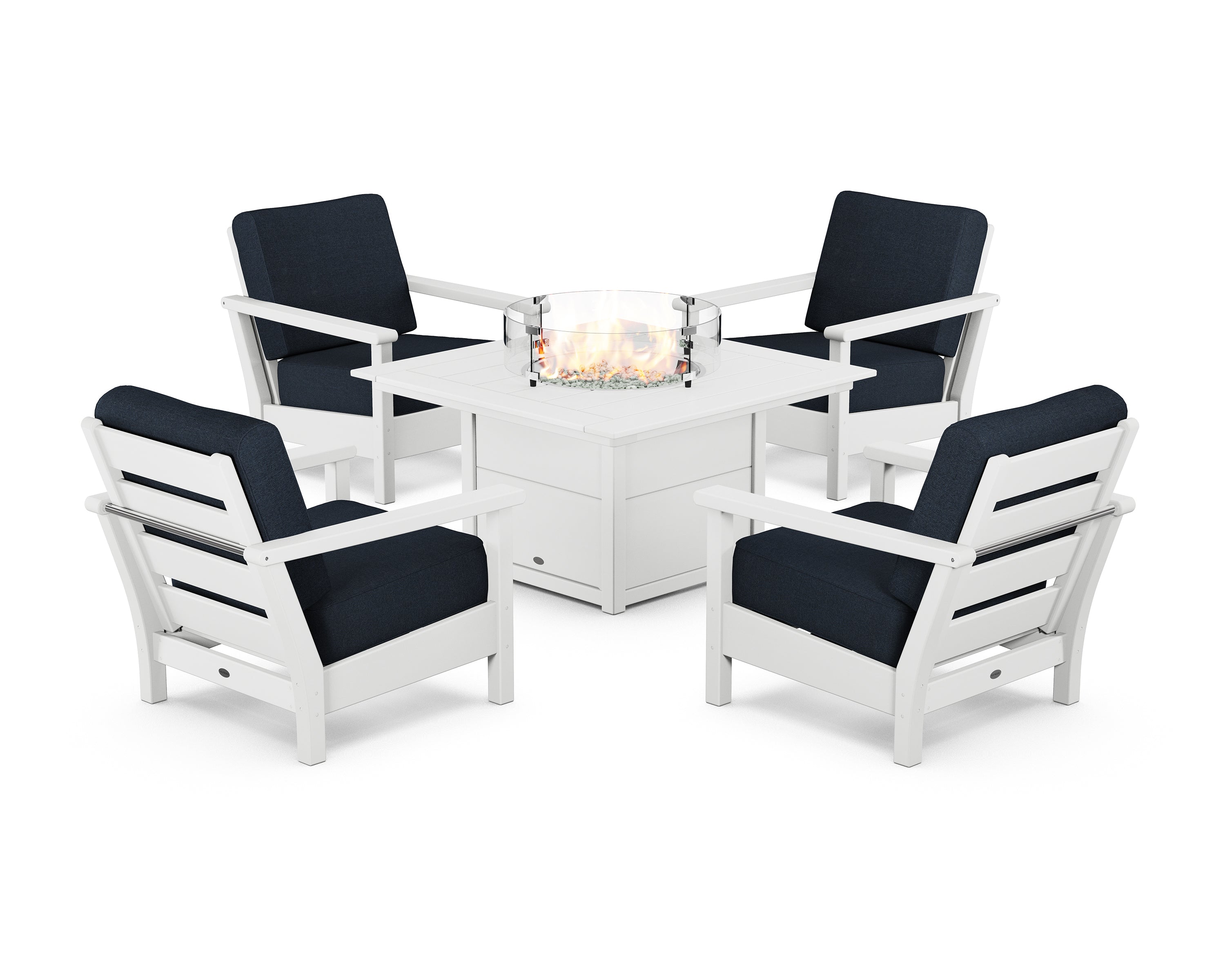 POLYWOOD Harbour 5-Piece Conversation Set with Fire Pit Table in White / Marine Indigo