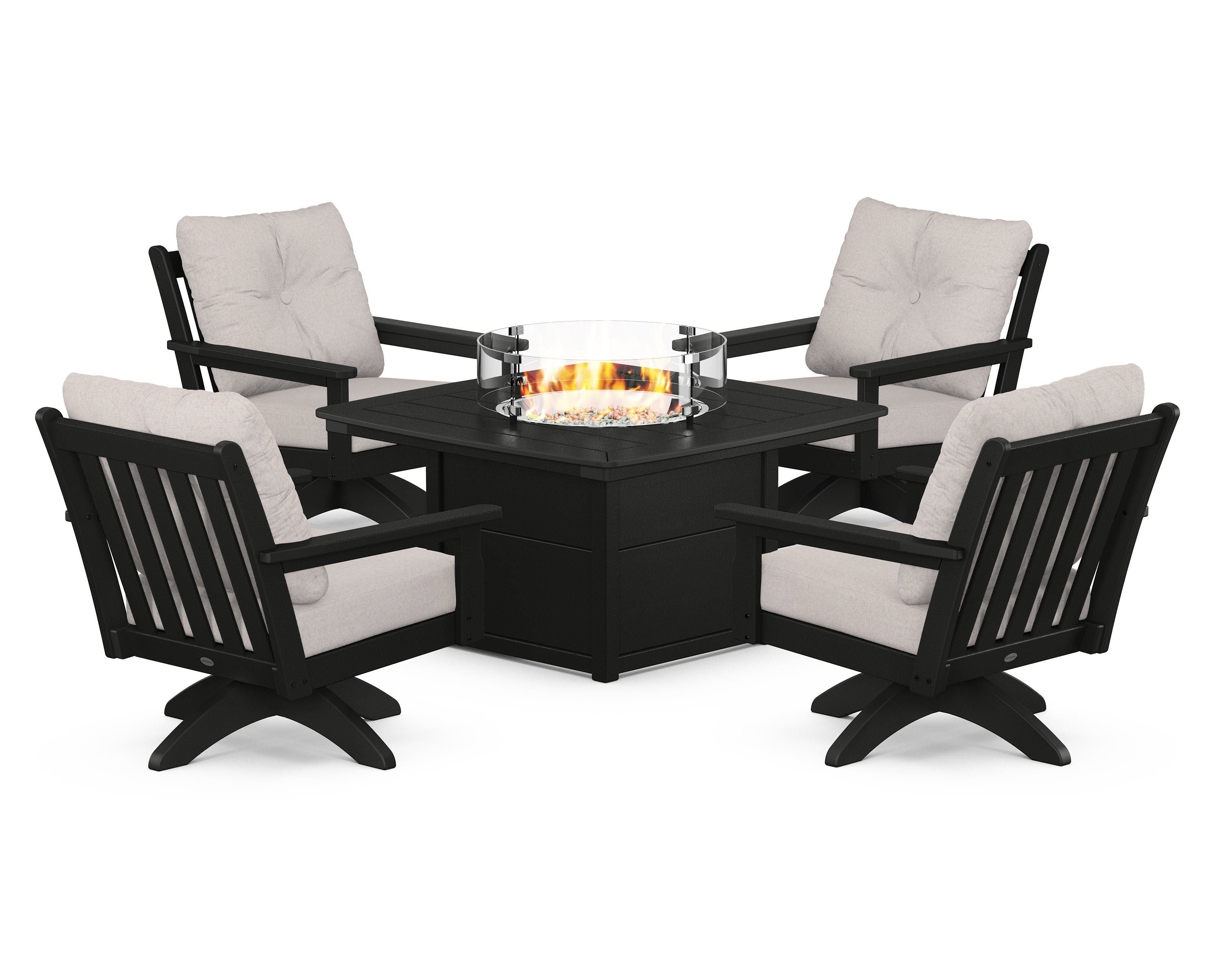 POLYWOOD Vineyard 5-Piece Deep Seating Swivel Conversation Set with Fire Pit Table in Black / Dune Burlap