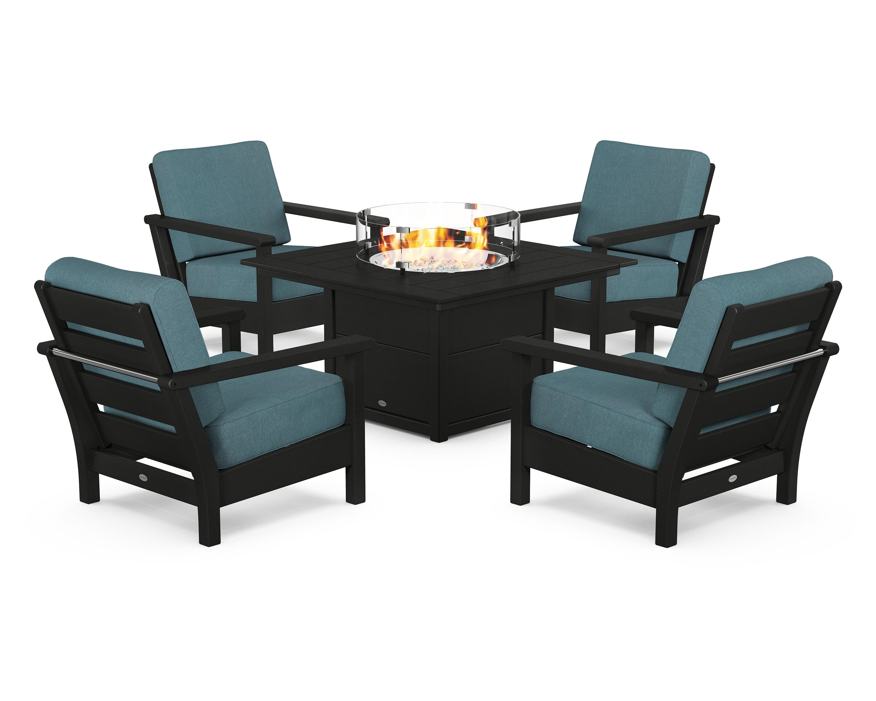 POLYWOOD Harbour 5-Piece Conversation Set with Fire Pit Table in Black / Ocean Teal