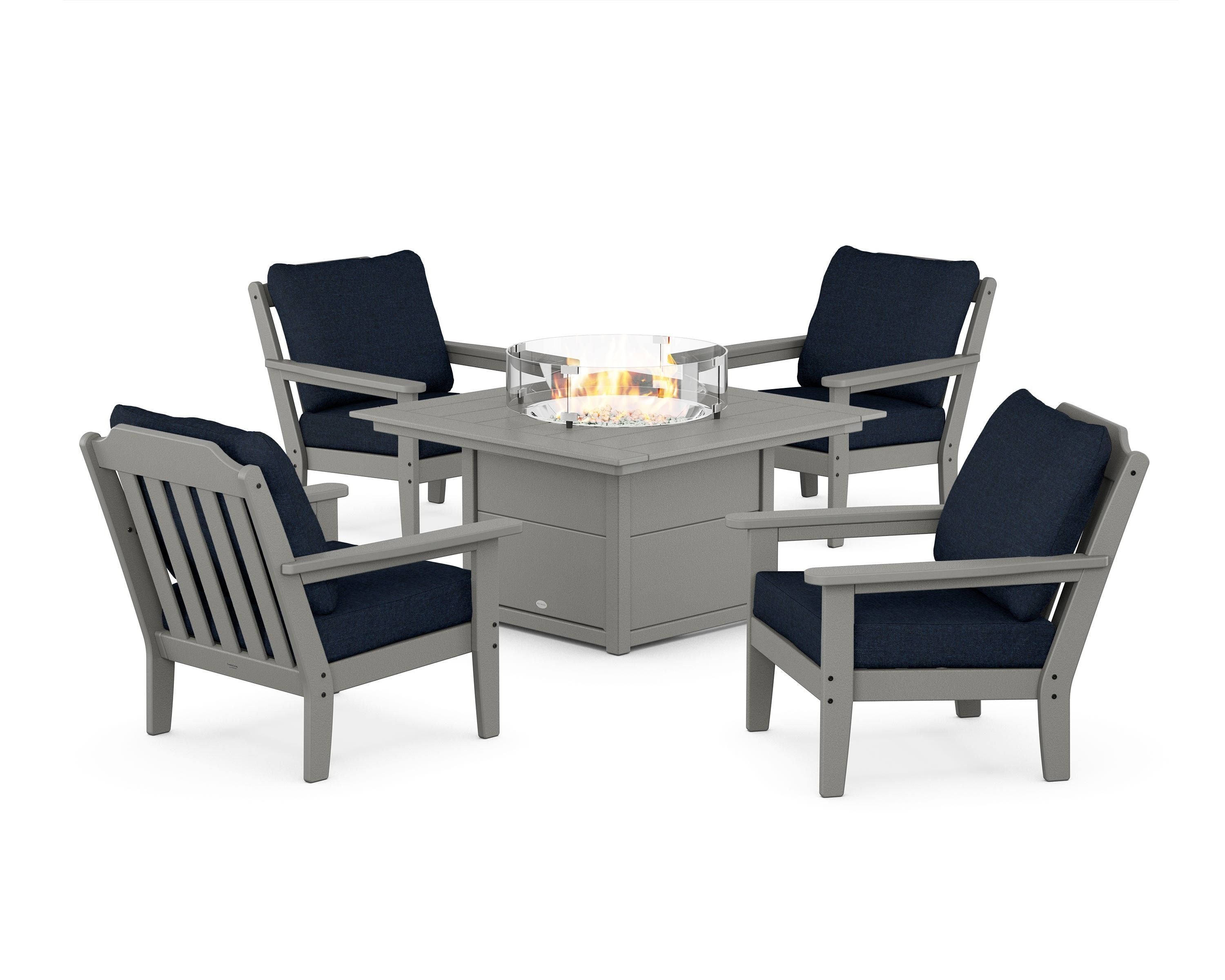 Country Living Cottage 5-Piece Deep Seating Set with Fire Pit Table in Slate Grey / Marine Indigo