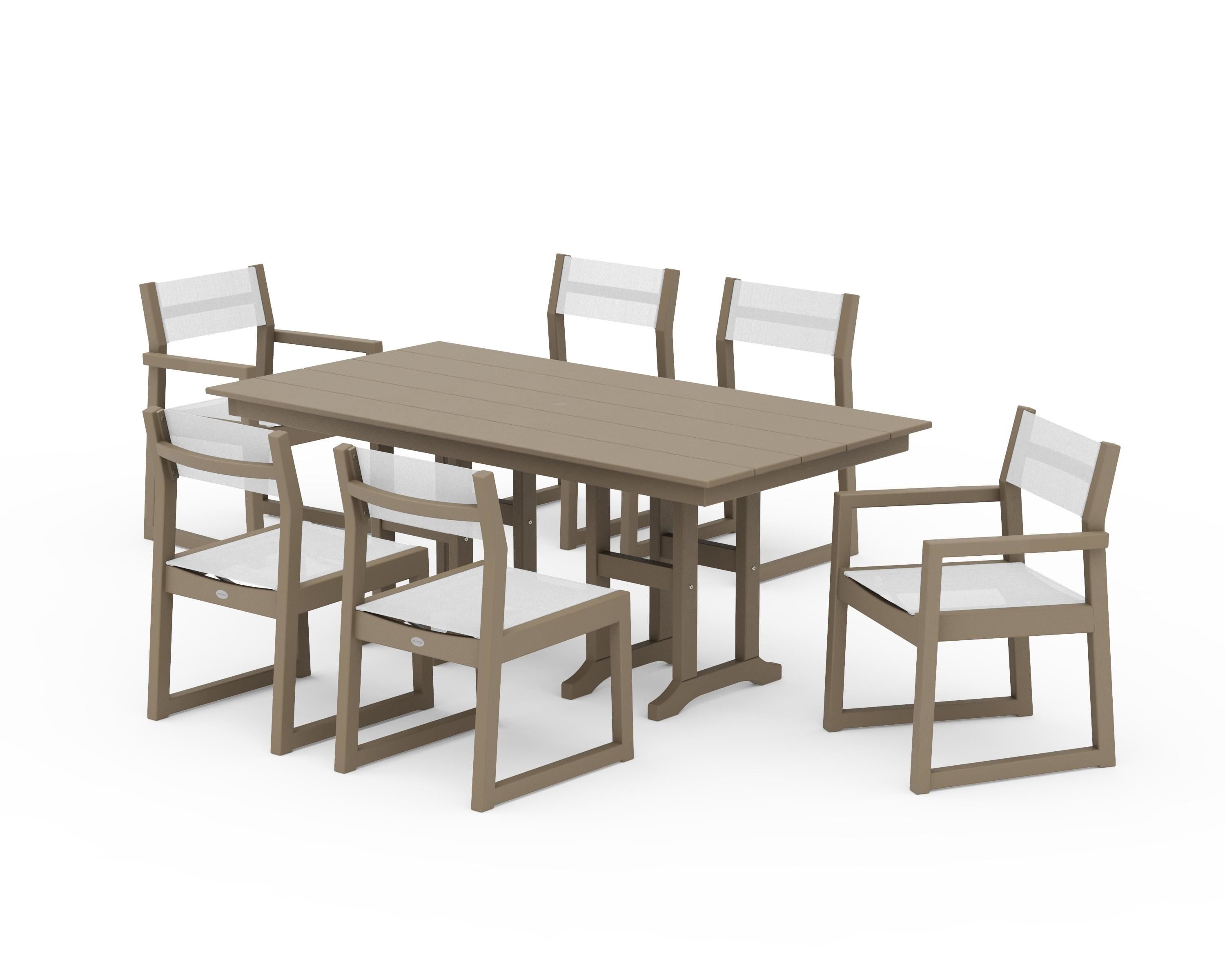 POLYWOOD EDGE Sling 7-Piece Farmhouse Dining Set in Vintage Sahara / White Sling