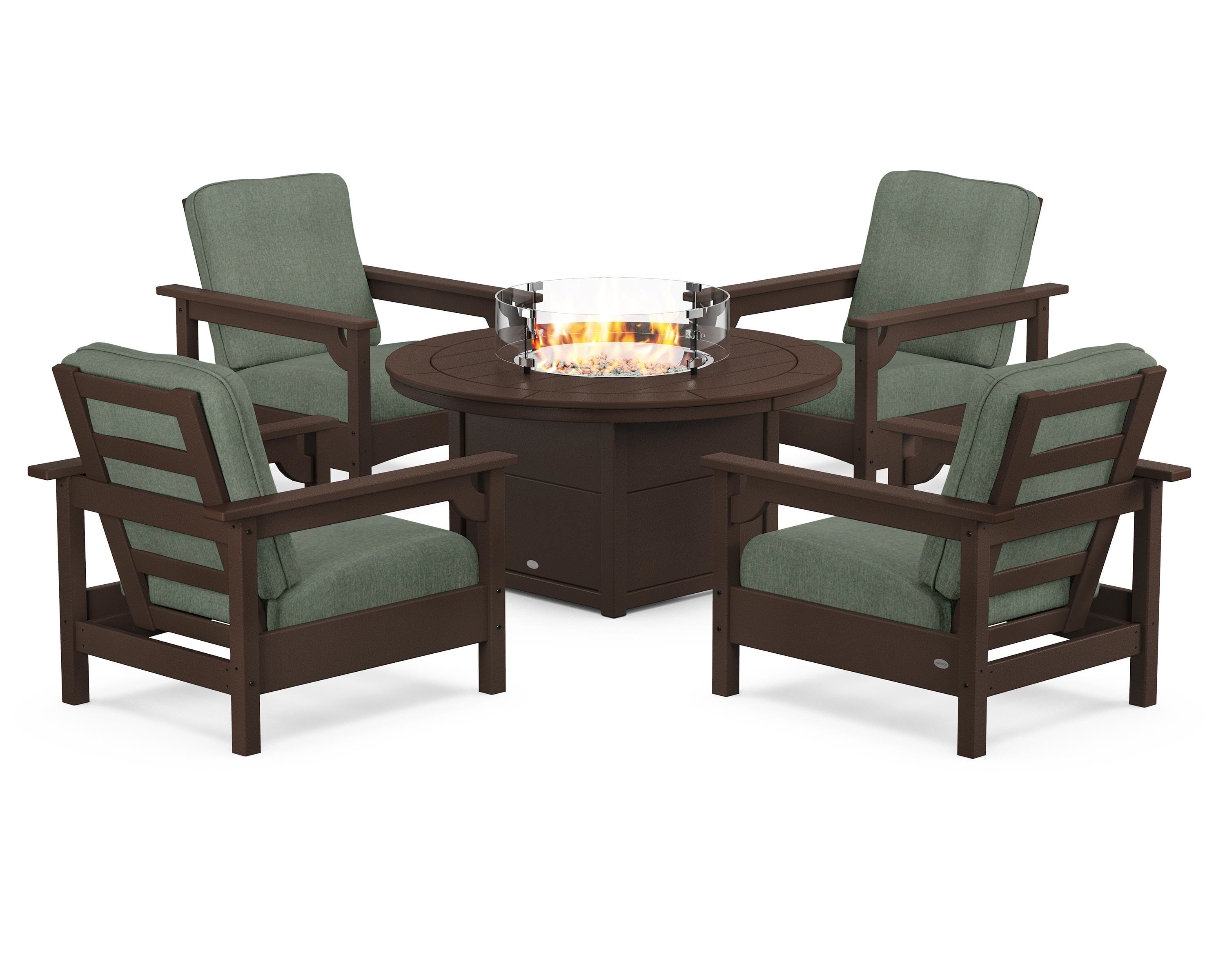 POLYWOOD Club 5-Piece Conversation Set with Fire Pit Table in Mahogany / Cast Sage