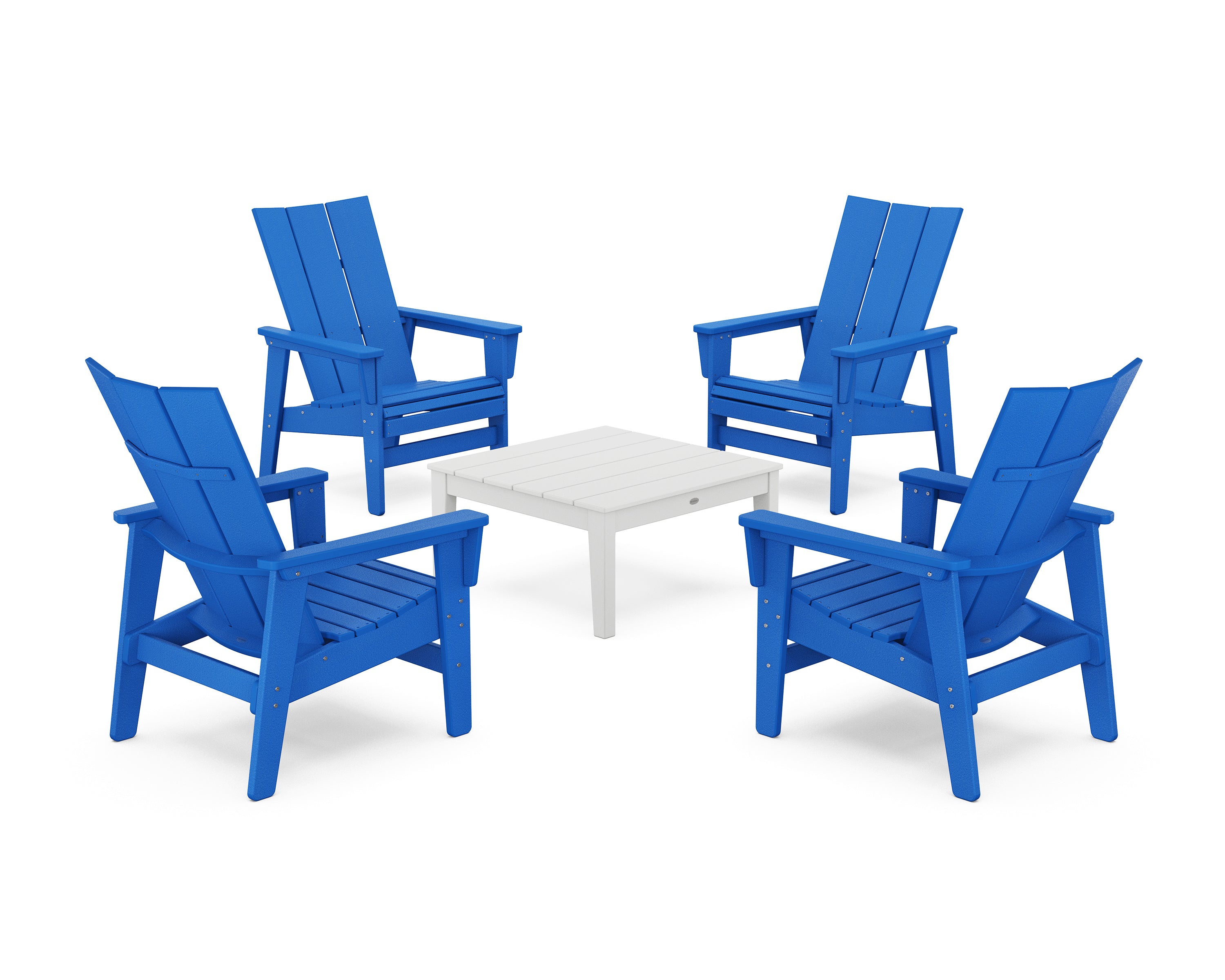 POLYWOOD 5-Piece Modern Grand Upright Adirondack Chair Conversation Group in Pacific Blue / White