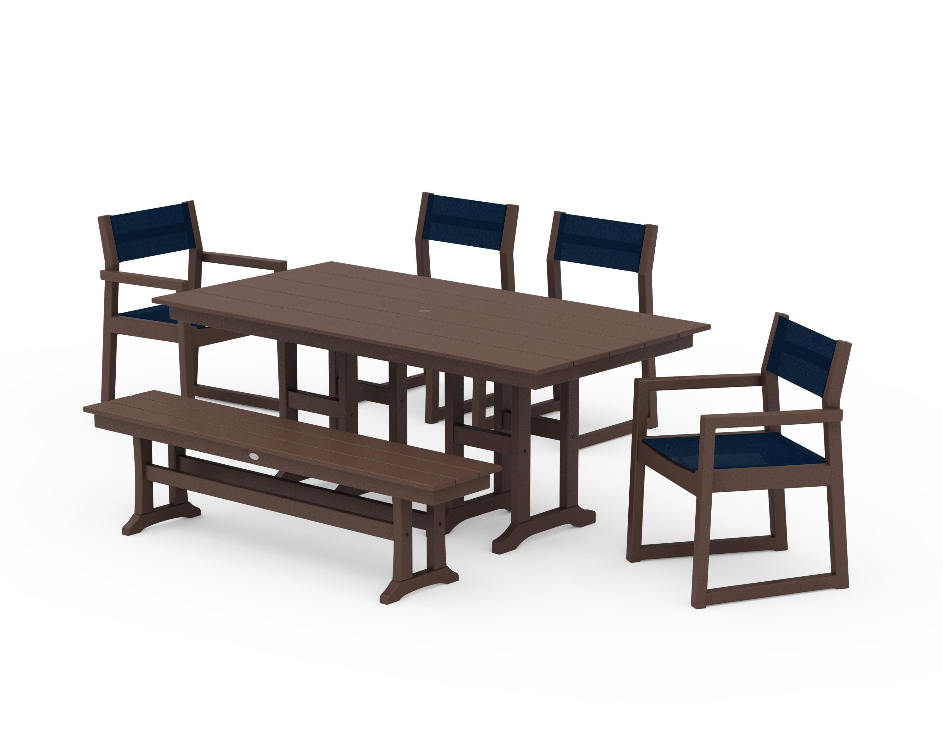 POLYWOOD EDGE Sling 6-Piece Farmhouse Dining Set in Mahogany / Navy Blue Sling