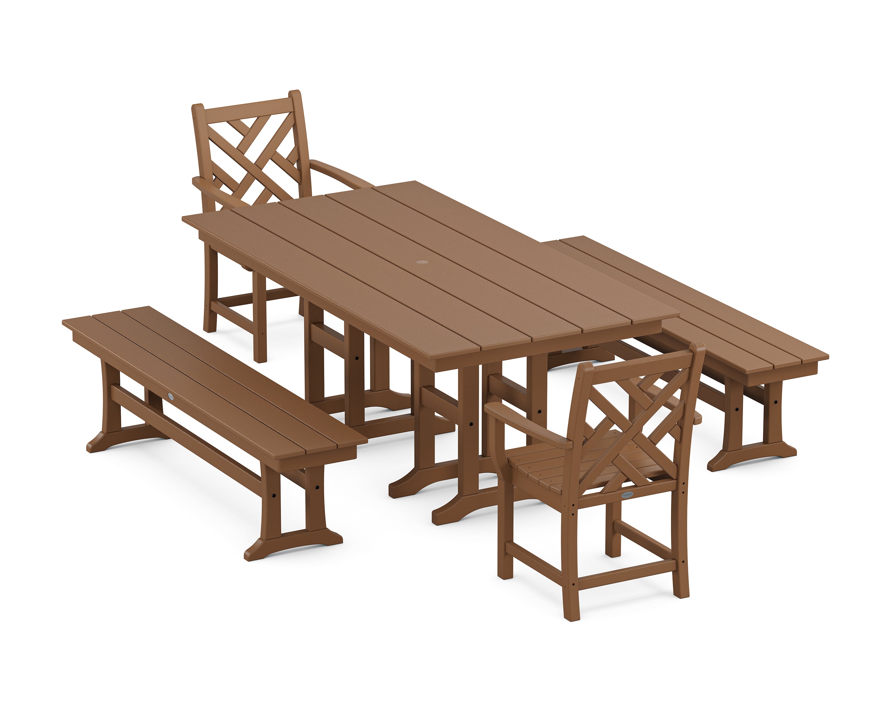 POLYWOOD Chippendale 5-Piece Farmhouse Dining Set with Benches in Teak