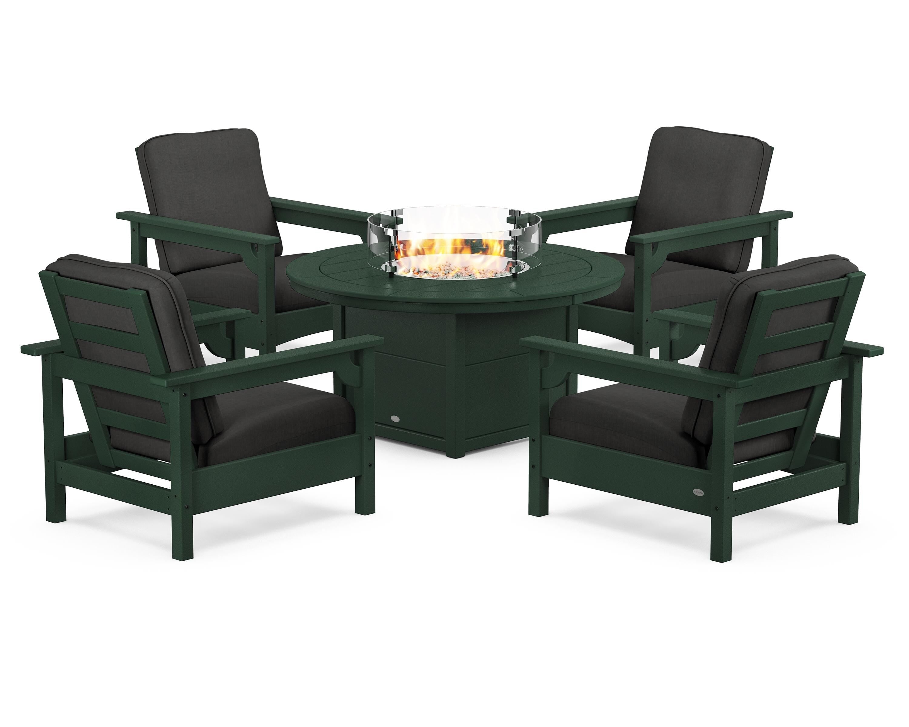 POLYWOOD Club 5-Piece Conversation Set with Fire Pit Table in Green / Spectrum Carbon