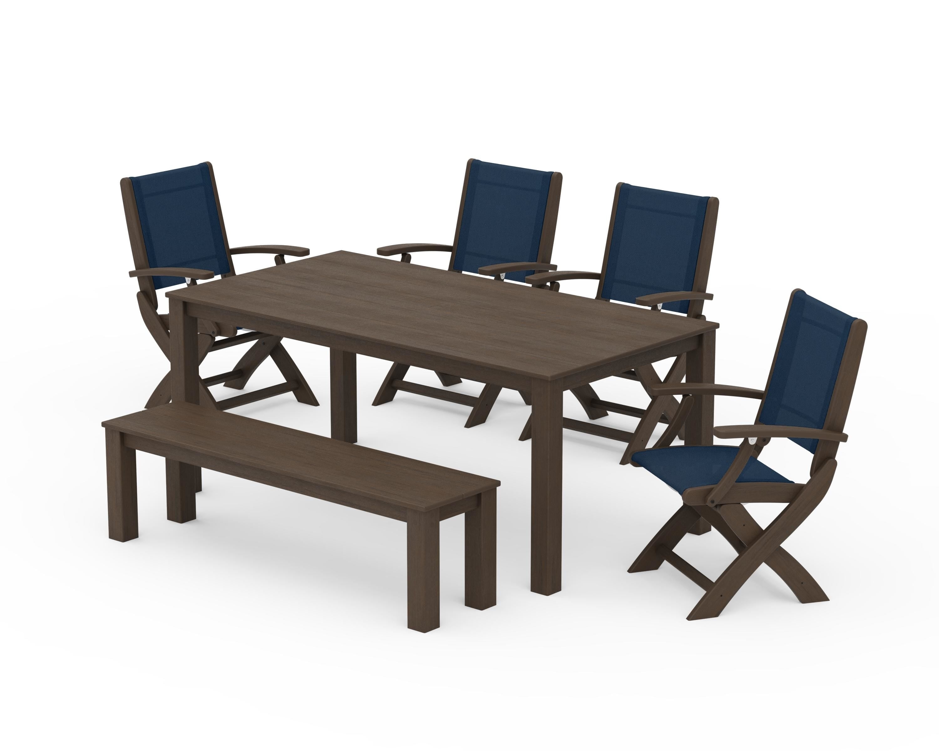 POLYWOOD Coastal Folding Chair 6-Piece Parsons Dining Set with Bench in Kona / Navy Blue Sling