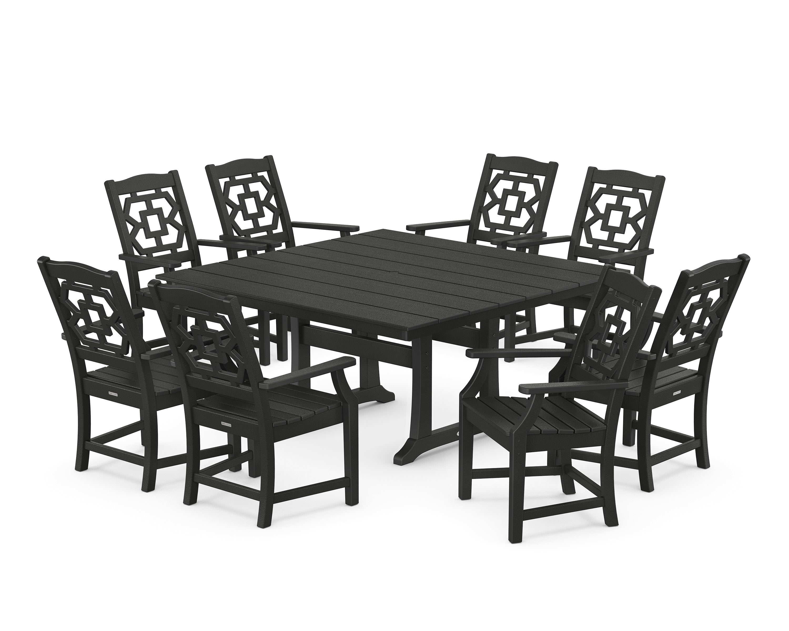 Martha Stewart by POLYWOOD Chinoiserie 9-Piece Square Farmhouse Dining Set with Trestle Legs in Black