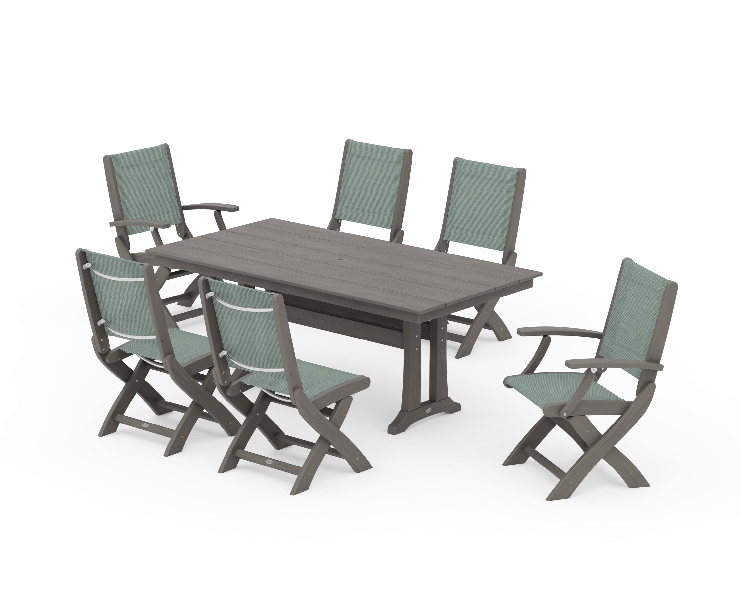 POLYWOOD Coastal Folding Chair 7-Piece Farmhouse Dining Set with Trestle Legs in Driftwood / Dupioni Sea Mist Sling