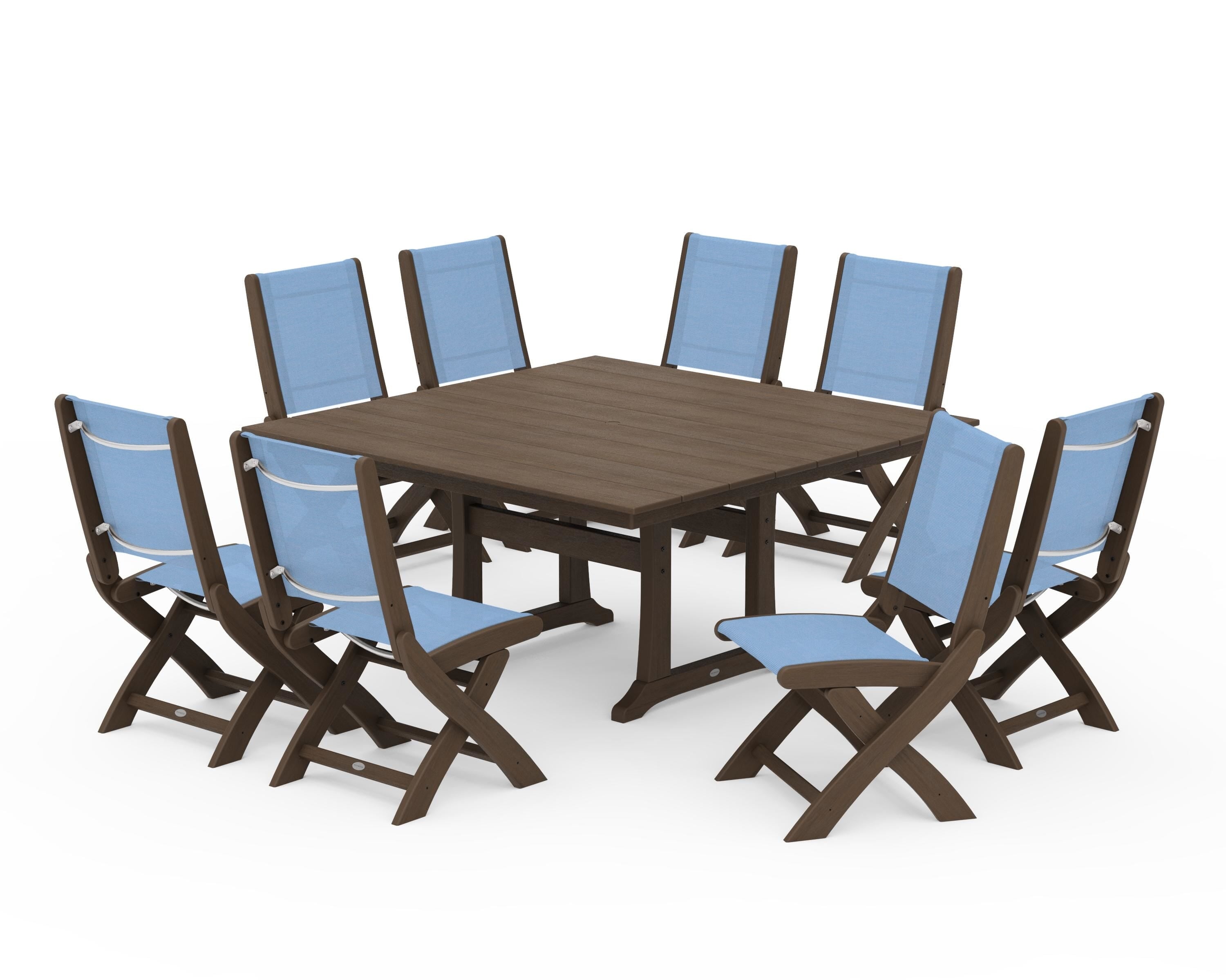 POLYWOOD Coastal Folding Side Chair 9-Piece Dining Set with Trestle Legs in Kona / Poolside Sling