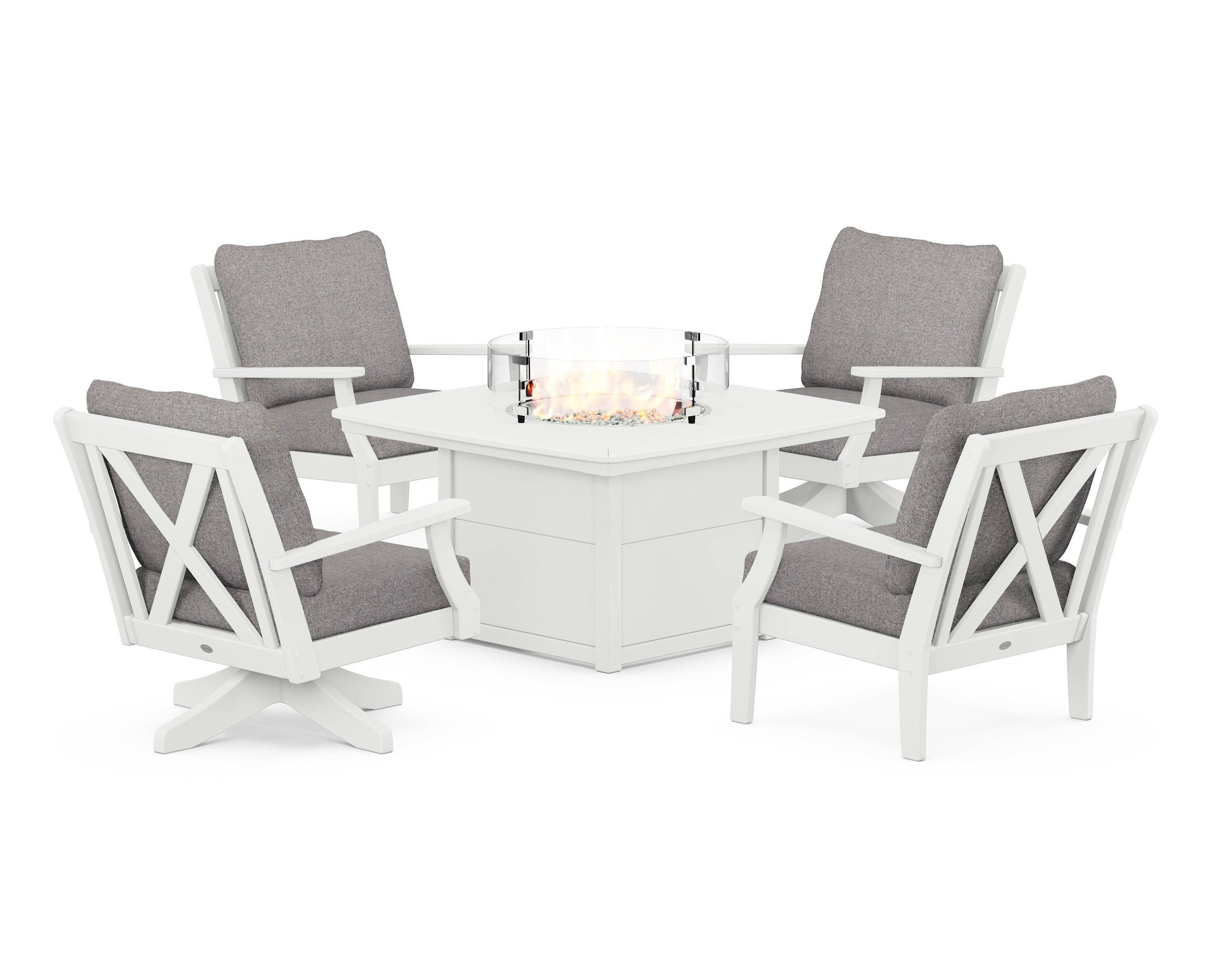 POLYWOOD Braxton 5-Piece Deep Seating Set with Fire Table in Vintage White / Grey Mist