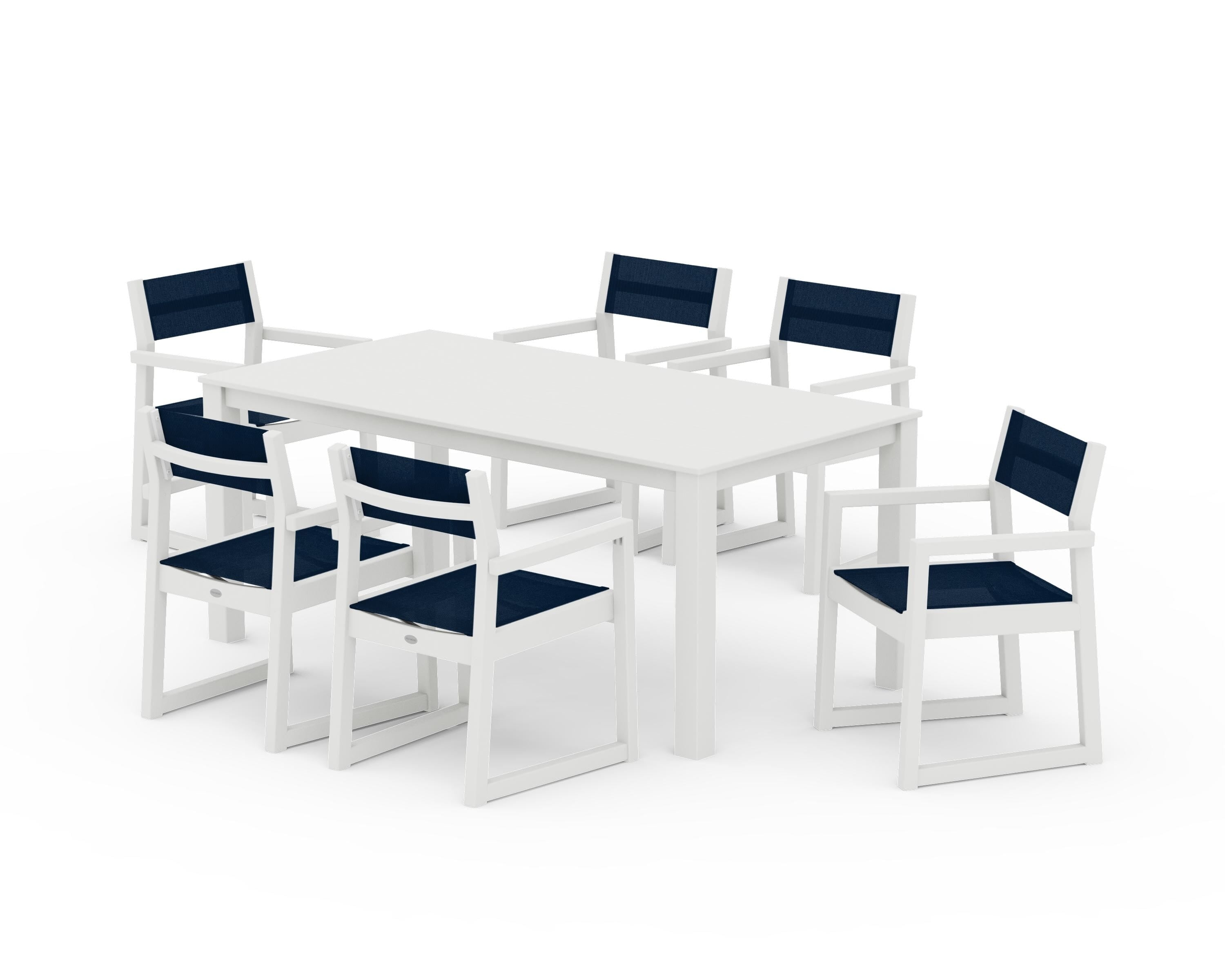 POLYWOOD EDGE Sling Arm Chair 7-Piece Parsons Dining Set in Vintage White / Navy Blue Sling