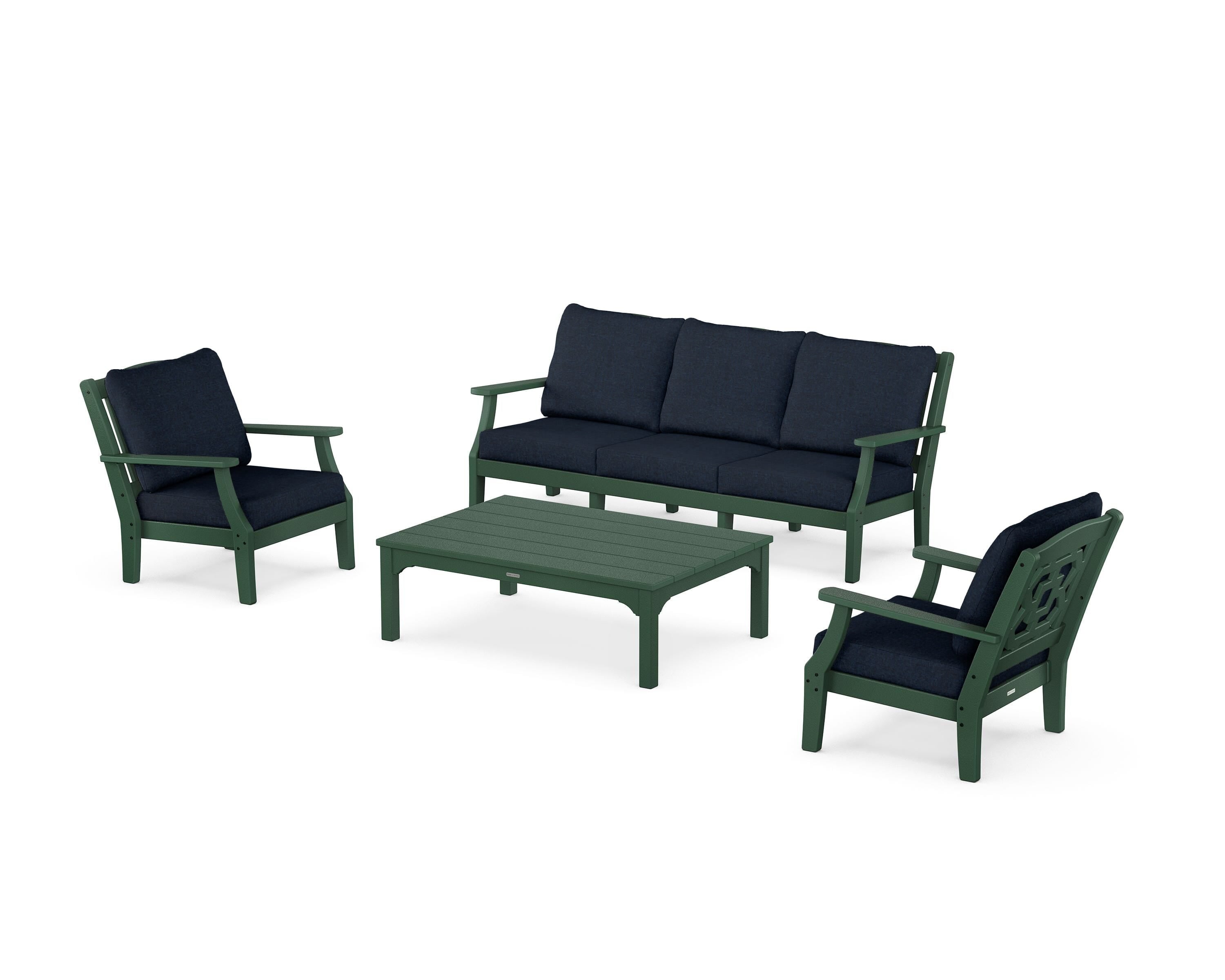 Martha Stewart by POLYWOOD Chinoiserie 4-Piece Deep Seating Set with Sofa in Green / Marine Indigo