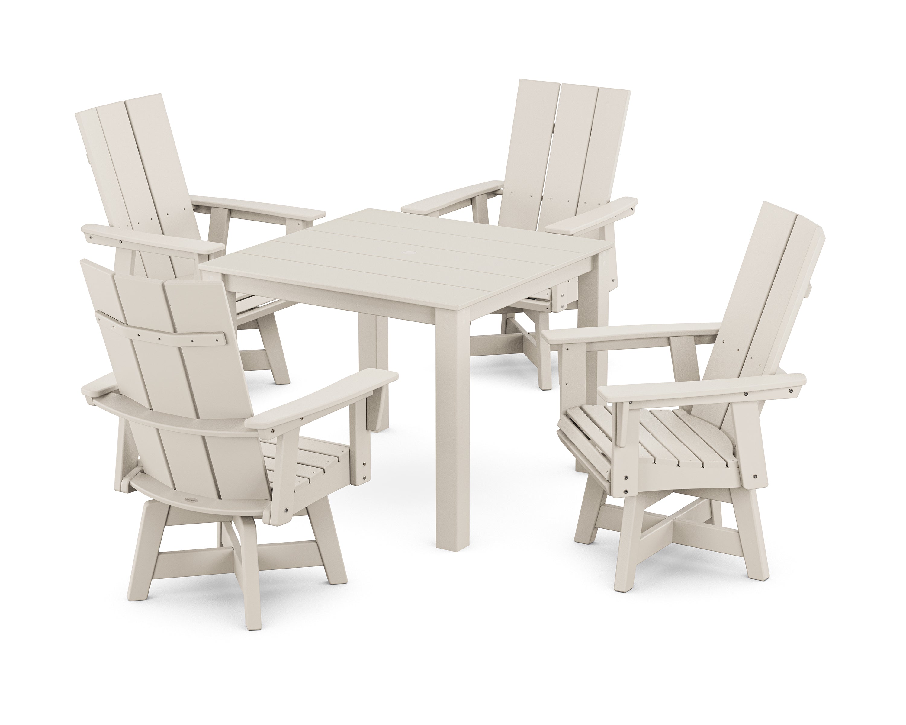 POLYWOOD Modern Curveback Adirondack 5-Piece Parsons Swivel Dining Set in Sand