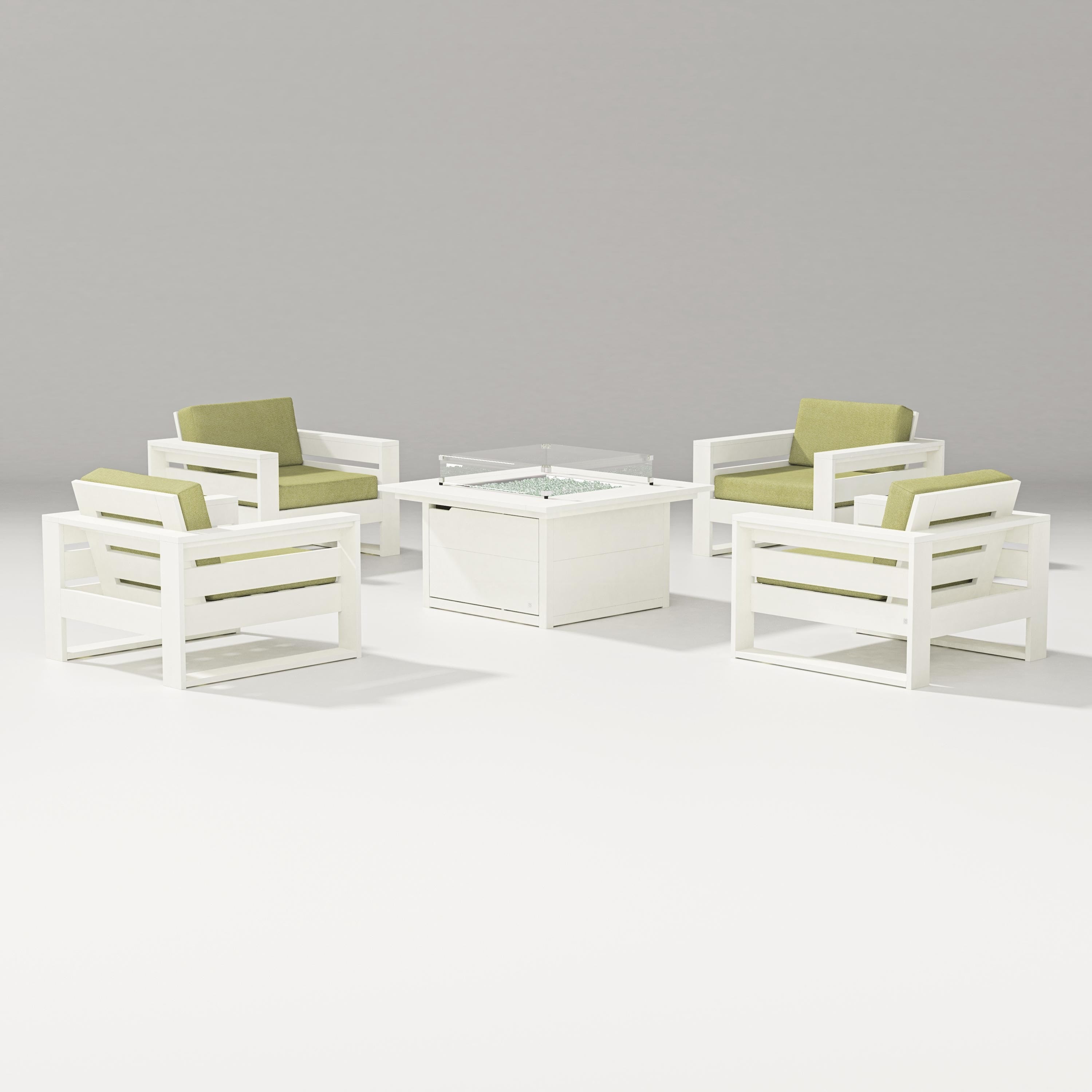 PW Designer Series Latitude 5-Piece Lounge Fire Table Set in Vintage White / Chartreuse Boucle
