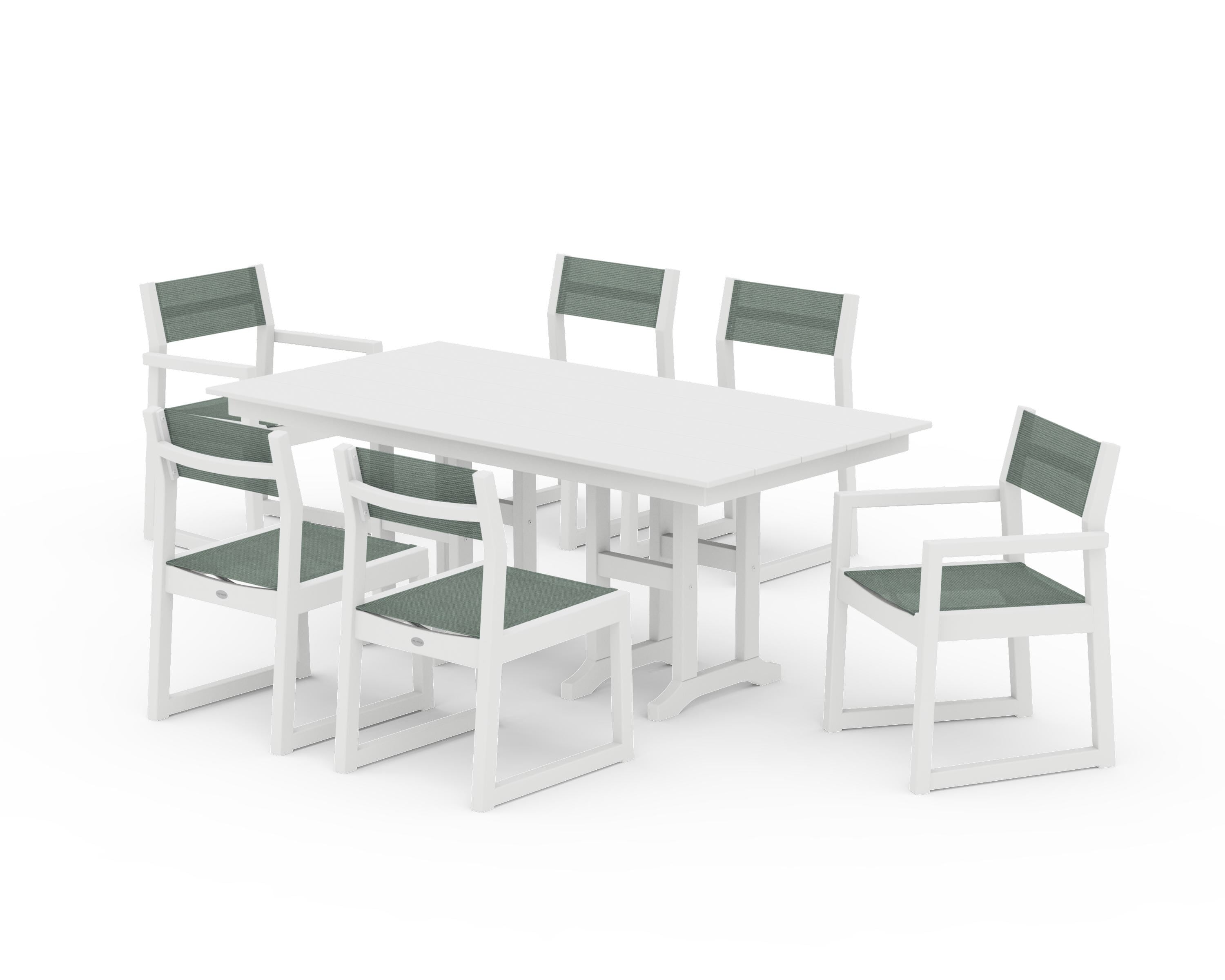 POLYWOOD EDGE Sling 7-Piece Farmhouse Dining Set in White / Dupioni Sea Mist Sling