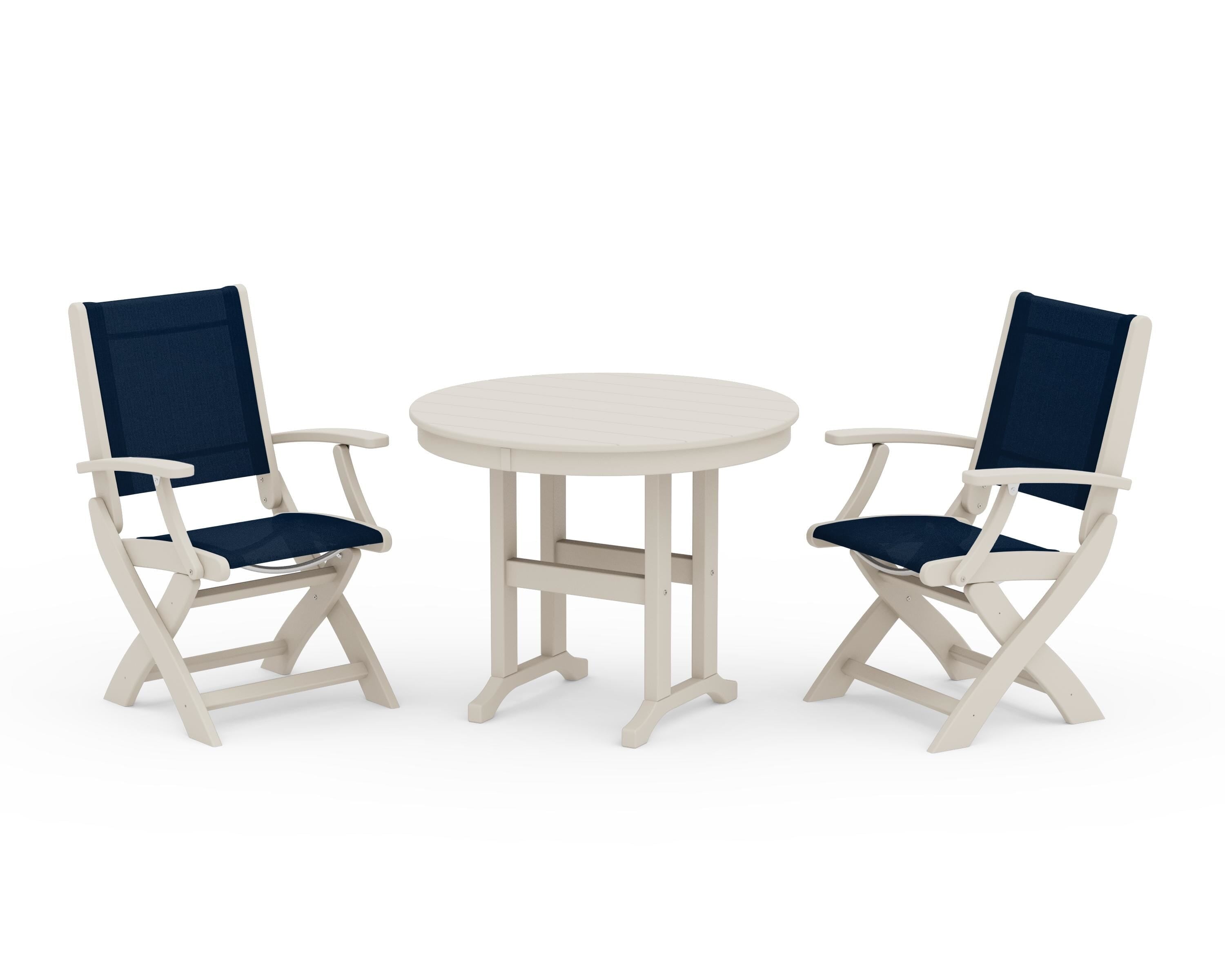 POLYWOOD Coastal Folding Chair 3-Piece Round Dining Set in Sand / Navy Blue Sling