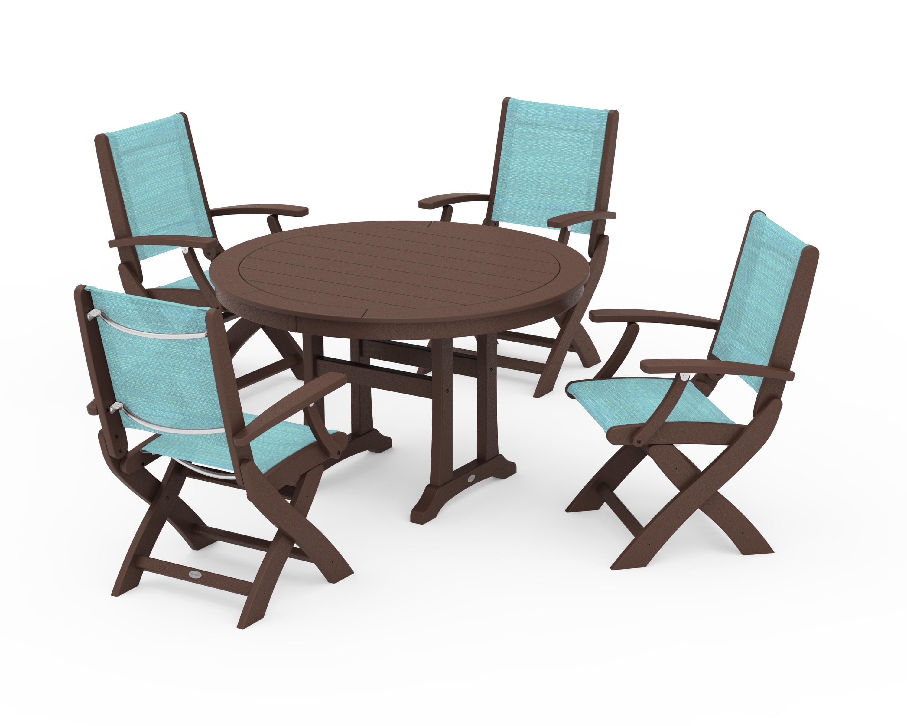 POLYWOOD Coastal Folding Chair 5-Piece Round Dining Set with Trestle Legs in Mahogany / Dupioni Aquamarine Sling