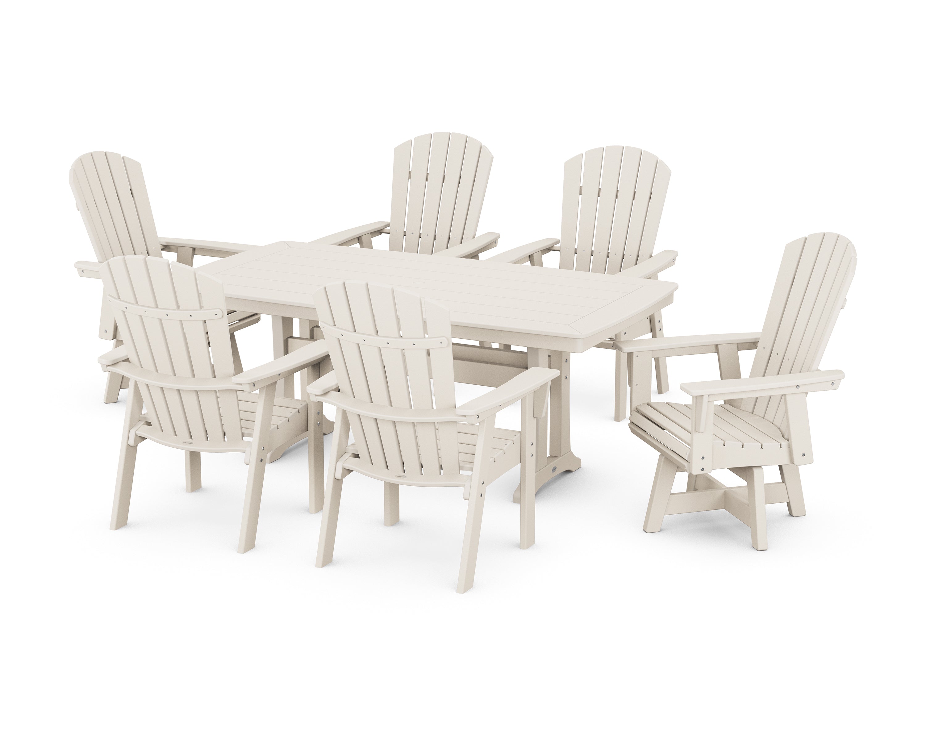 POLYWOOD Nautical Curveback Adirondack Swivel Chair 7-Piece Dining Set with Trestle Legs in Sand