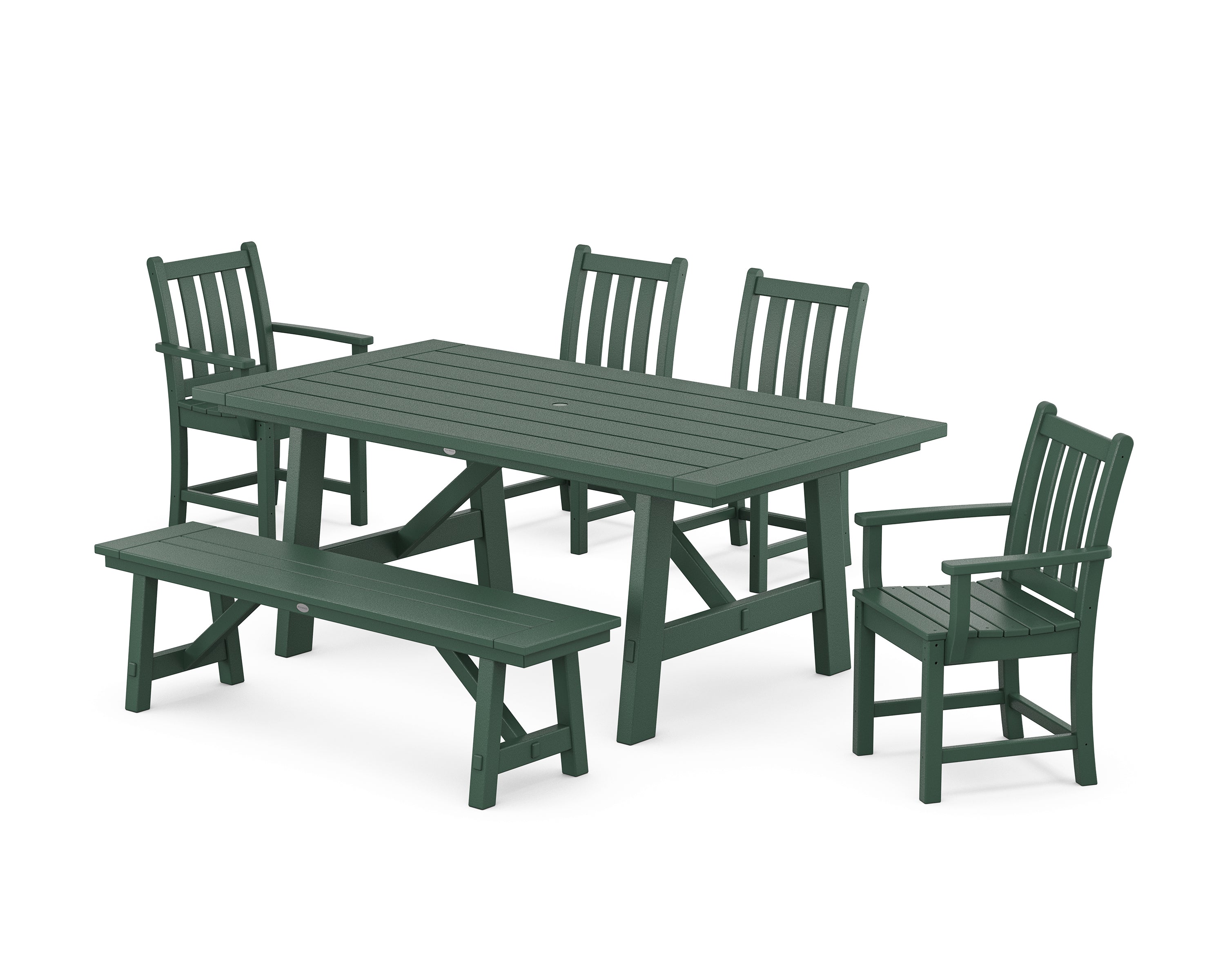 POLYWOOD Traditional Garden 6-Piece Rustic Farmhouse Dining Set With Bench in Green