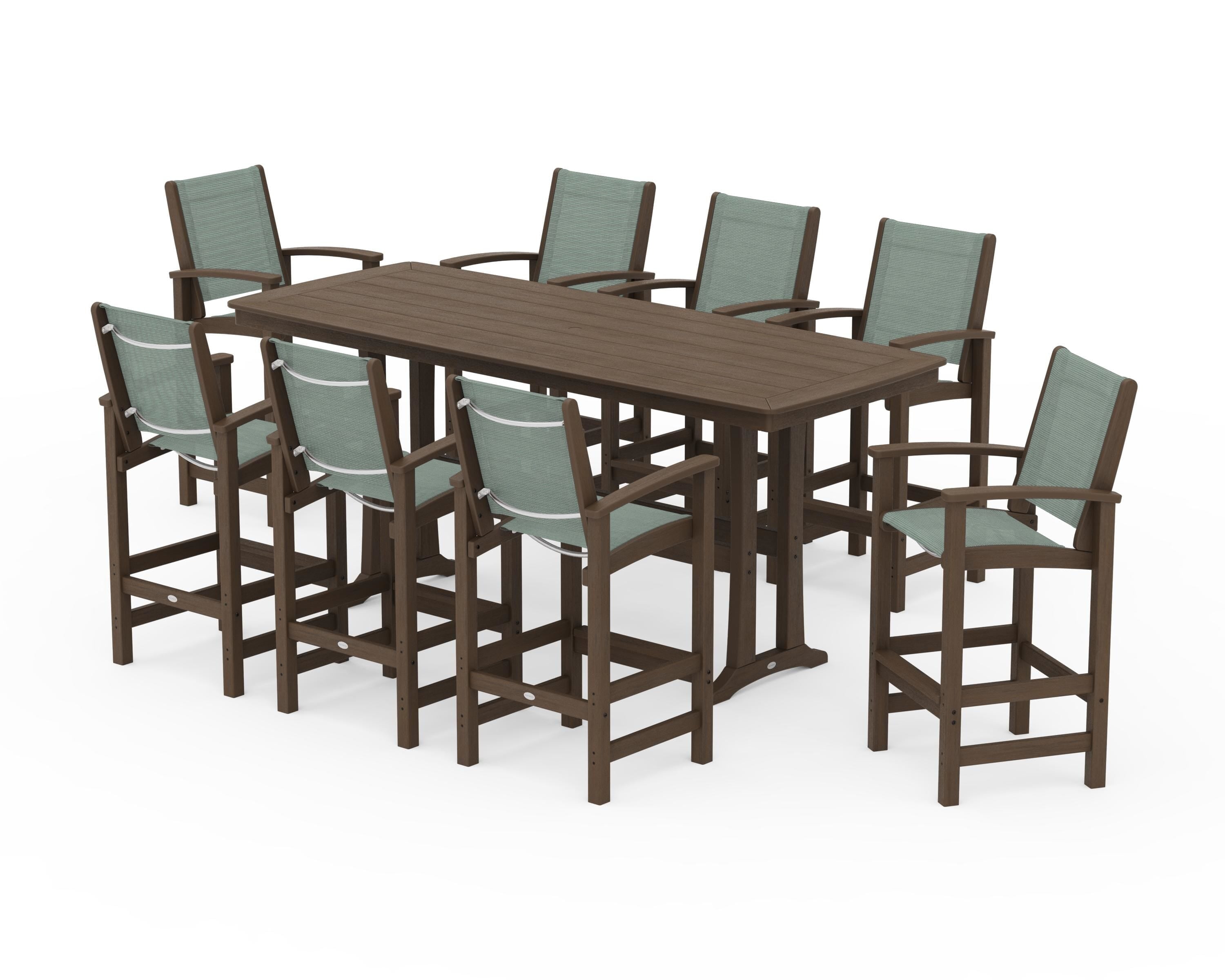 POLYWOOD Coastal 9-Piece Bar Set with Trestle Legs in Kona / Dupioni Sea Mist Sling