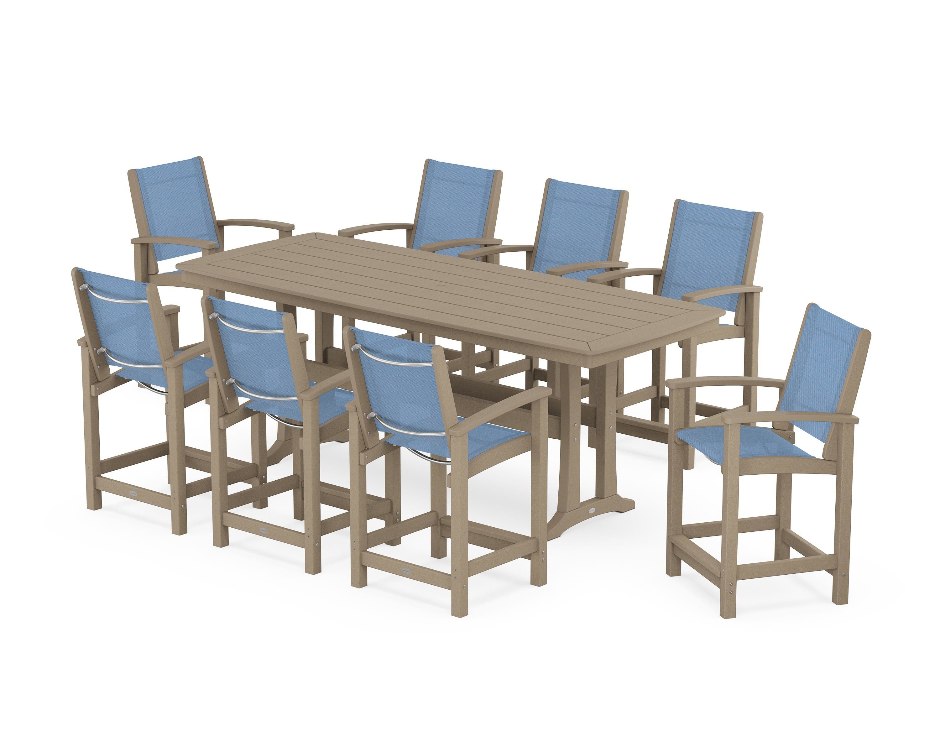 POLYWOOD Coastal 9-Piece Counter Set with Trestle Legs in Vintage Sahara / Poolside Sling
