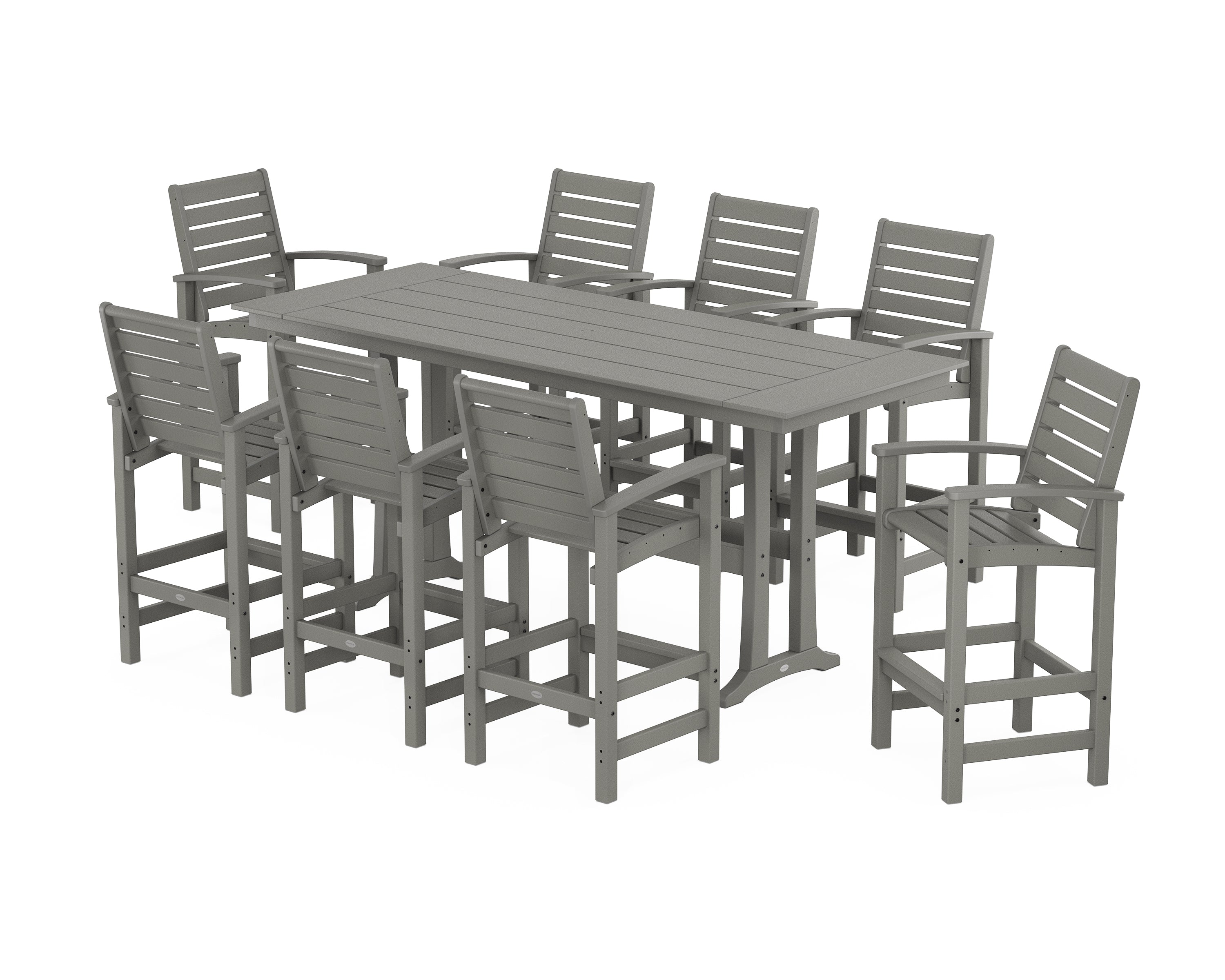 POLYWOOD® Signature 9-Piece Farmhouse Bar Set with Trestle Legs in Slate Grey