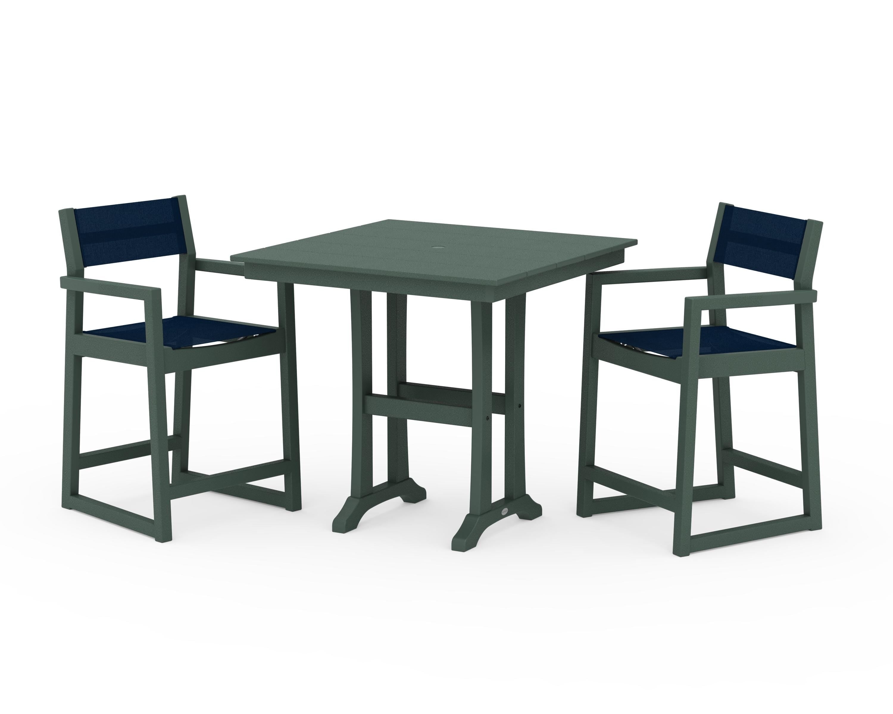 POLYWOOD EDGE Sling Arm Chair 3-Piece Farmhouse Counter Set with Trestle Legs in Green / Navy Blue Sling