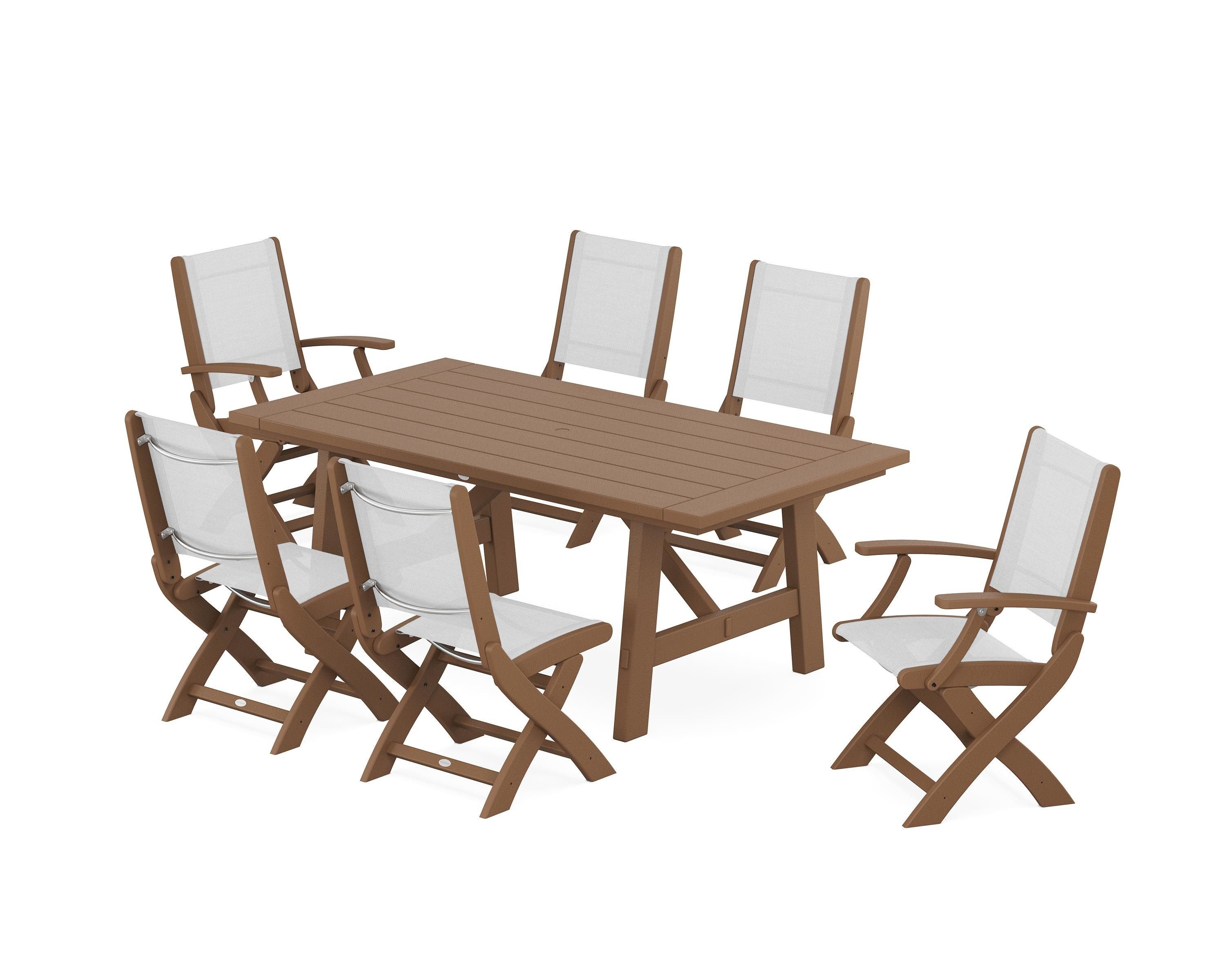 POLYWOOD Coastal Folding Chair 7-Piece Rustic Farmhouse Dining Set in Teak / White Sling