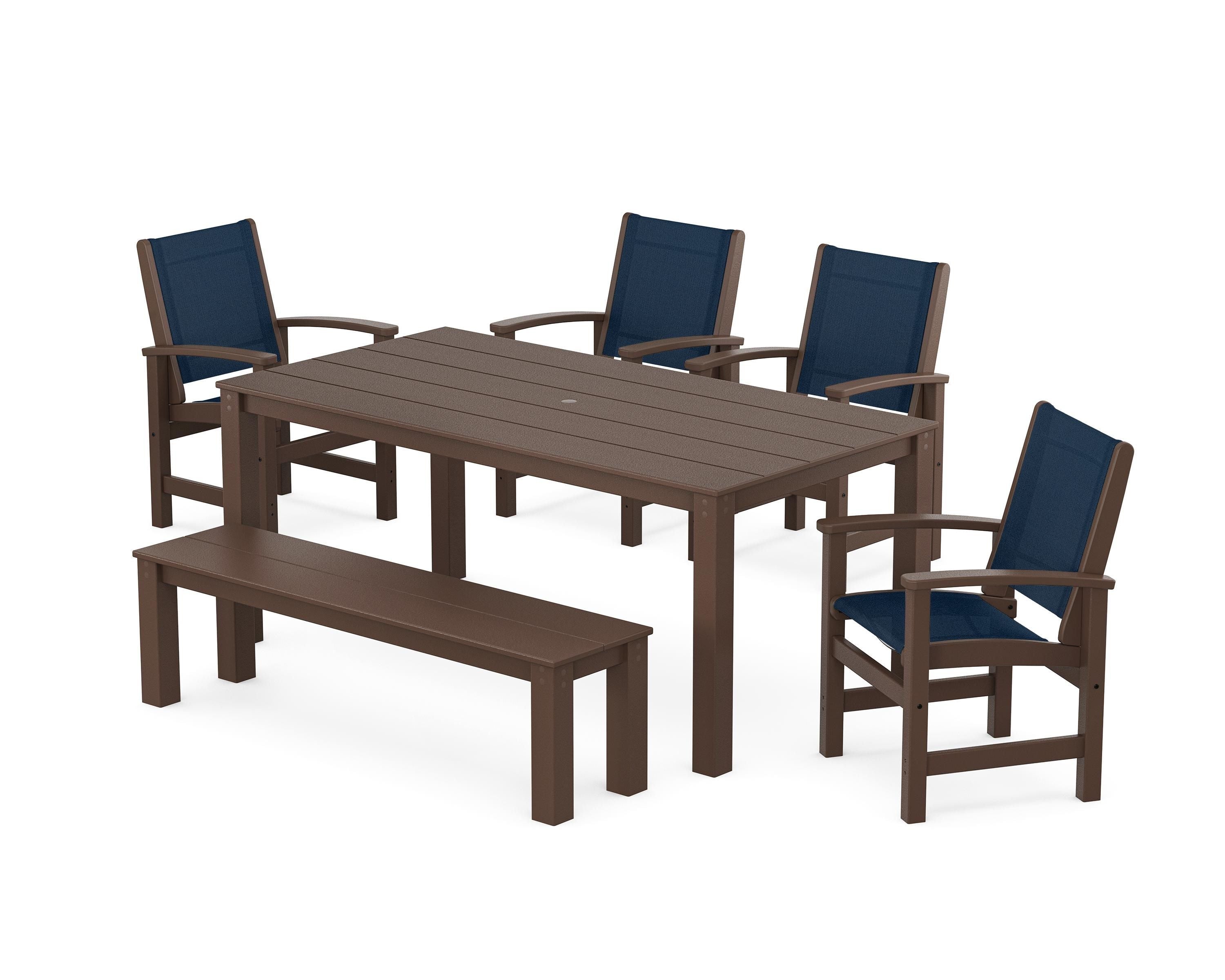 POLYWOOD Coastal 6-Piece Parsons Dining Set with Bench in Mahogany / Navy Blue Sling