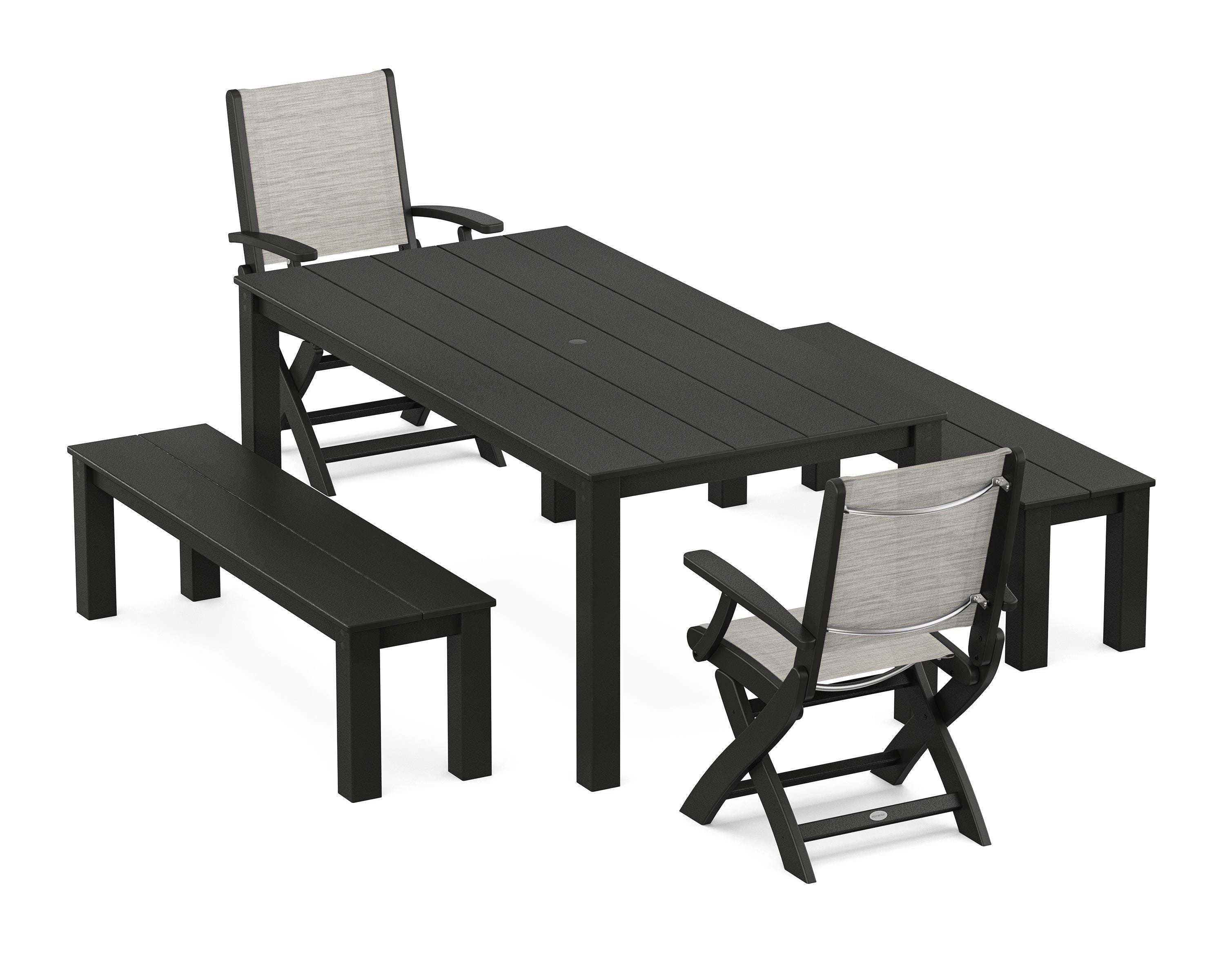 POLYWOOD Coastal Folding Chair 5-Piece Parsons Dining Set with Benches in Black / Birch Sling