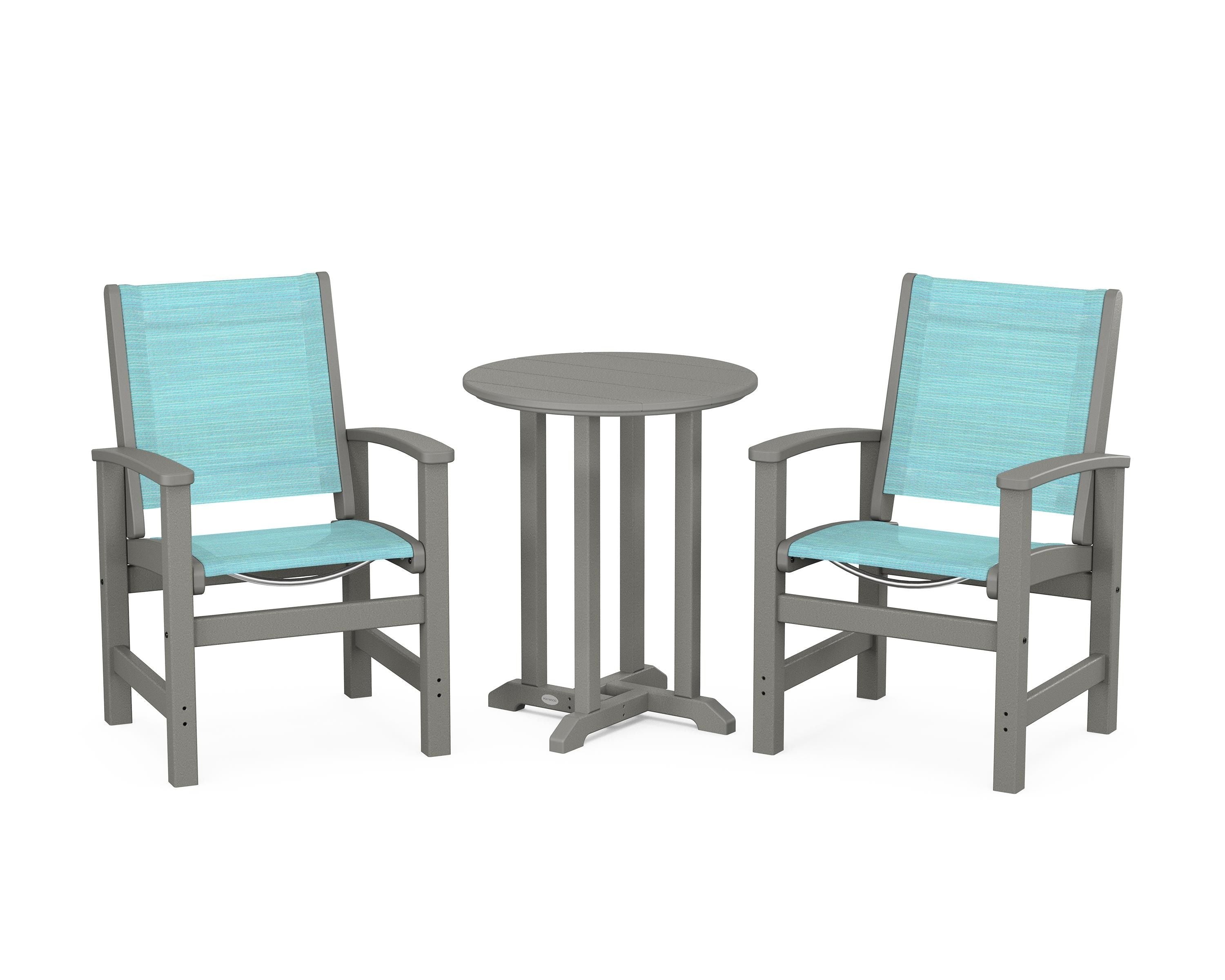POLYWOOD Coastal 3-Piece Round Bistro Dining Set in Slate Grey / Dupioni Aquamarine Sling