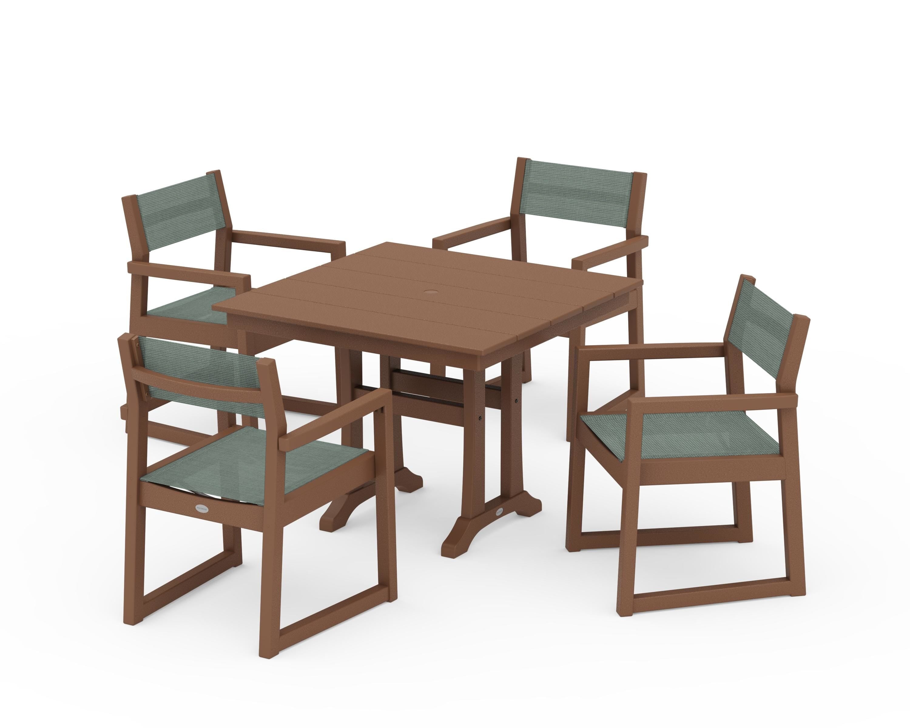 POLYWOOD EDGE Sling 5-Piece Farmhouse Dining Set with Trestle Legs in Teak / Dupioni Sea Mist Sling