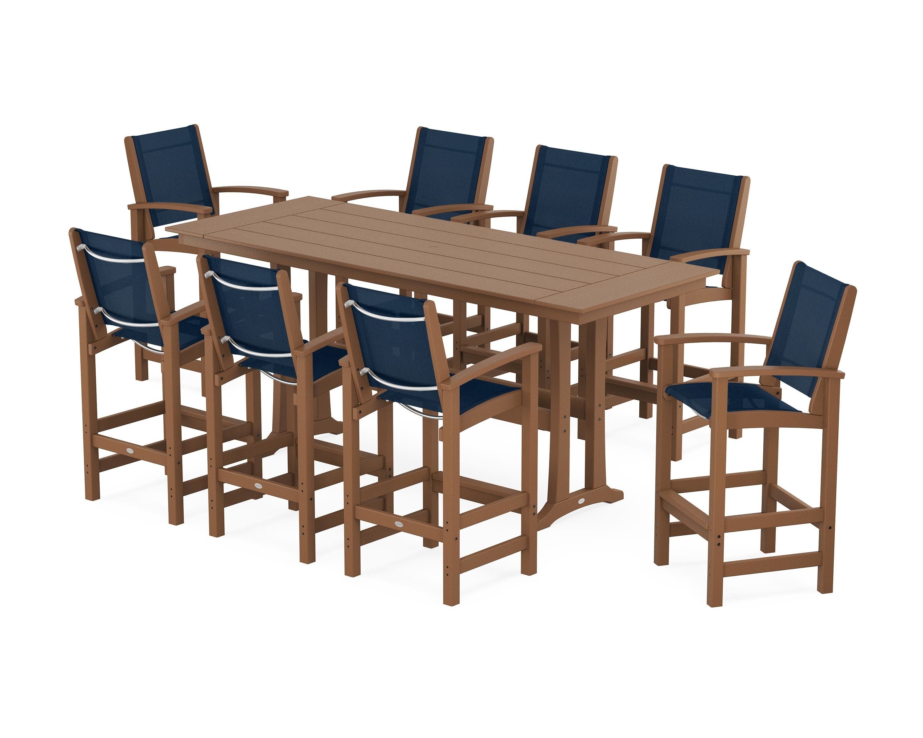 POLYWOOD Coastal 9-Piece Farmhouse Bar Set with Trestle Legs in Teak / Navy Blue Sling