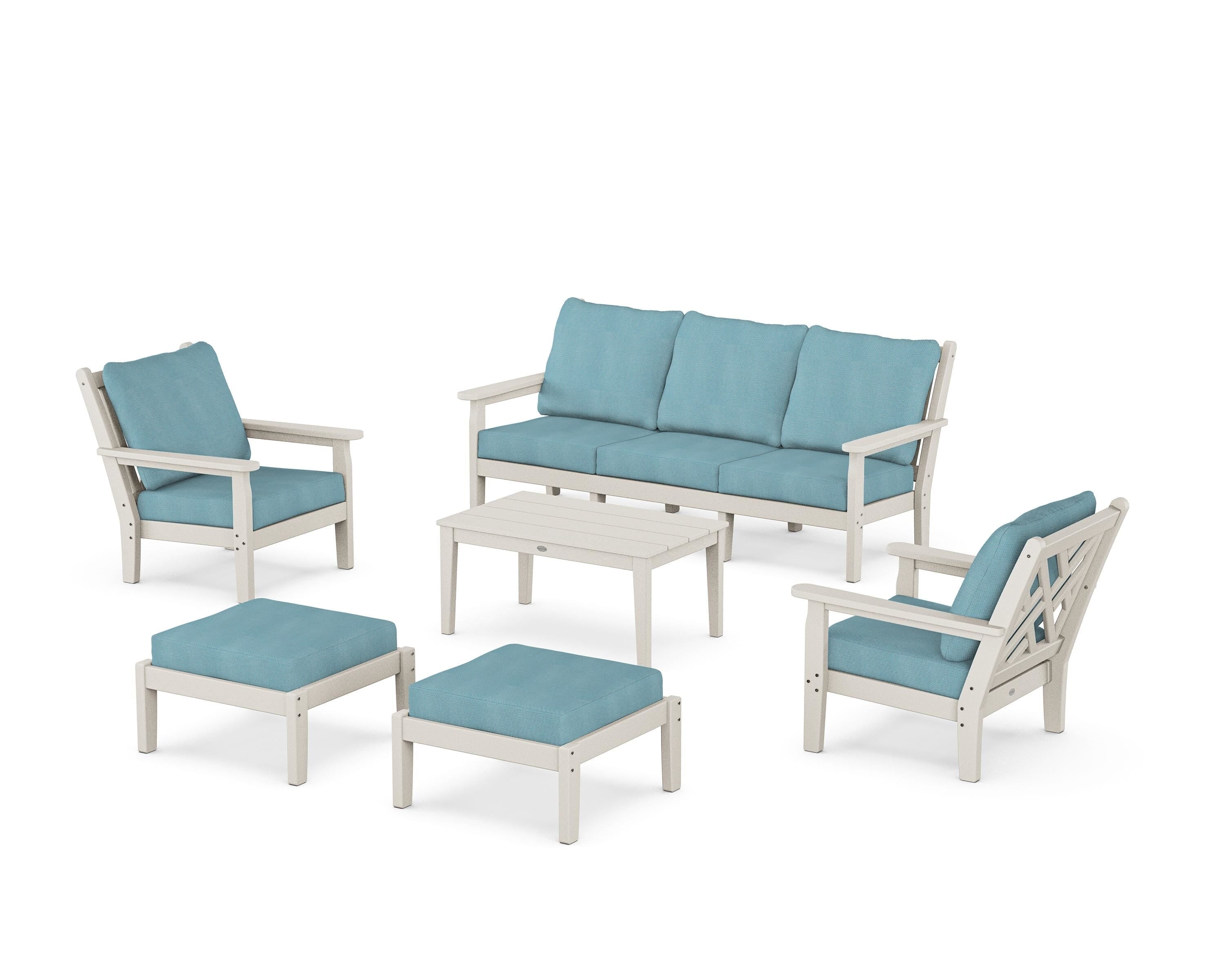 POLYWOOD Chippendale 6-Piece Lounge Sofa Set in Sand / Lattice Sky Blue