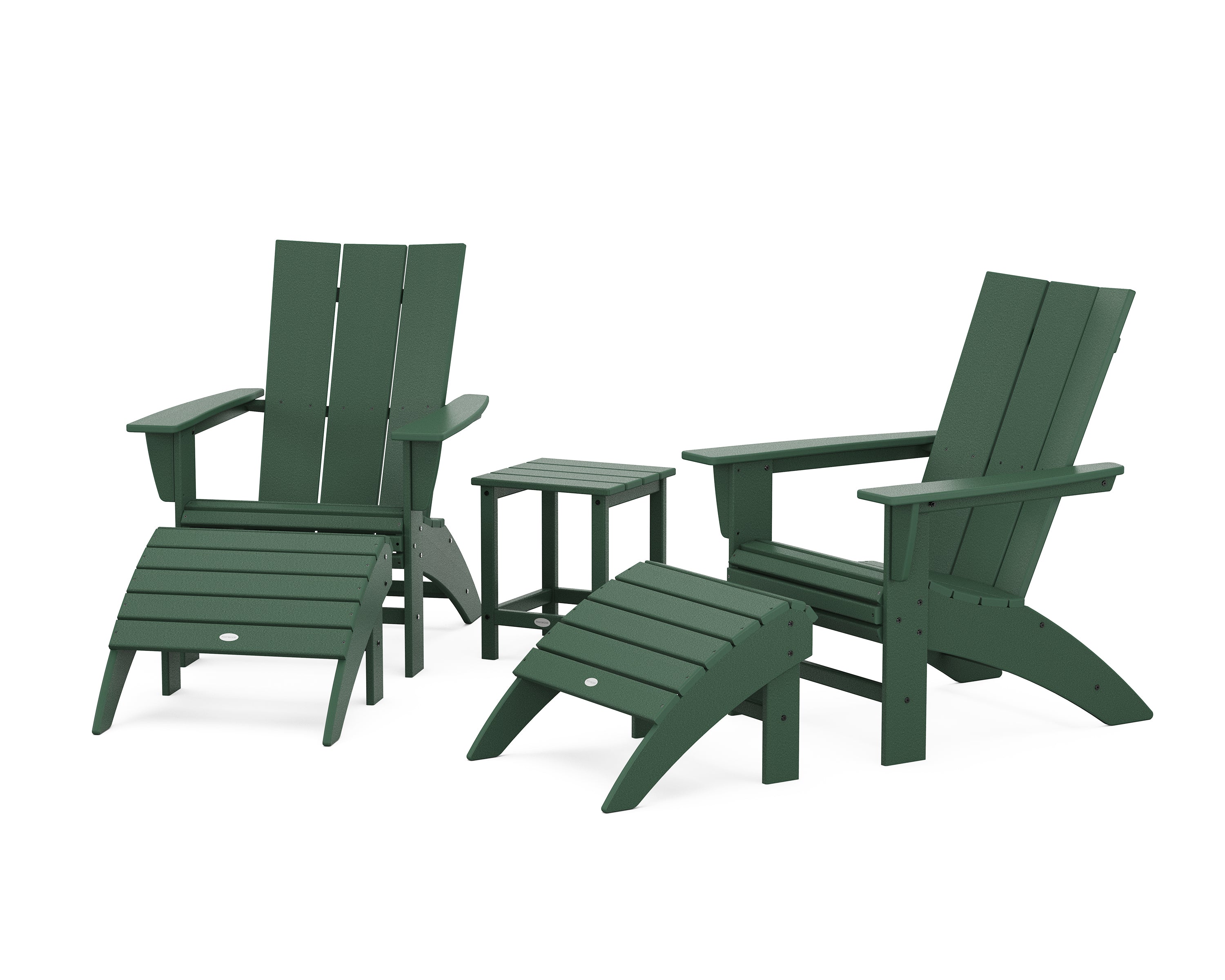 POLYWOOD® Modern Curveback Adirondack Chair 5-Piece Set with Ottomans and 18" Side Table in Green