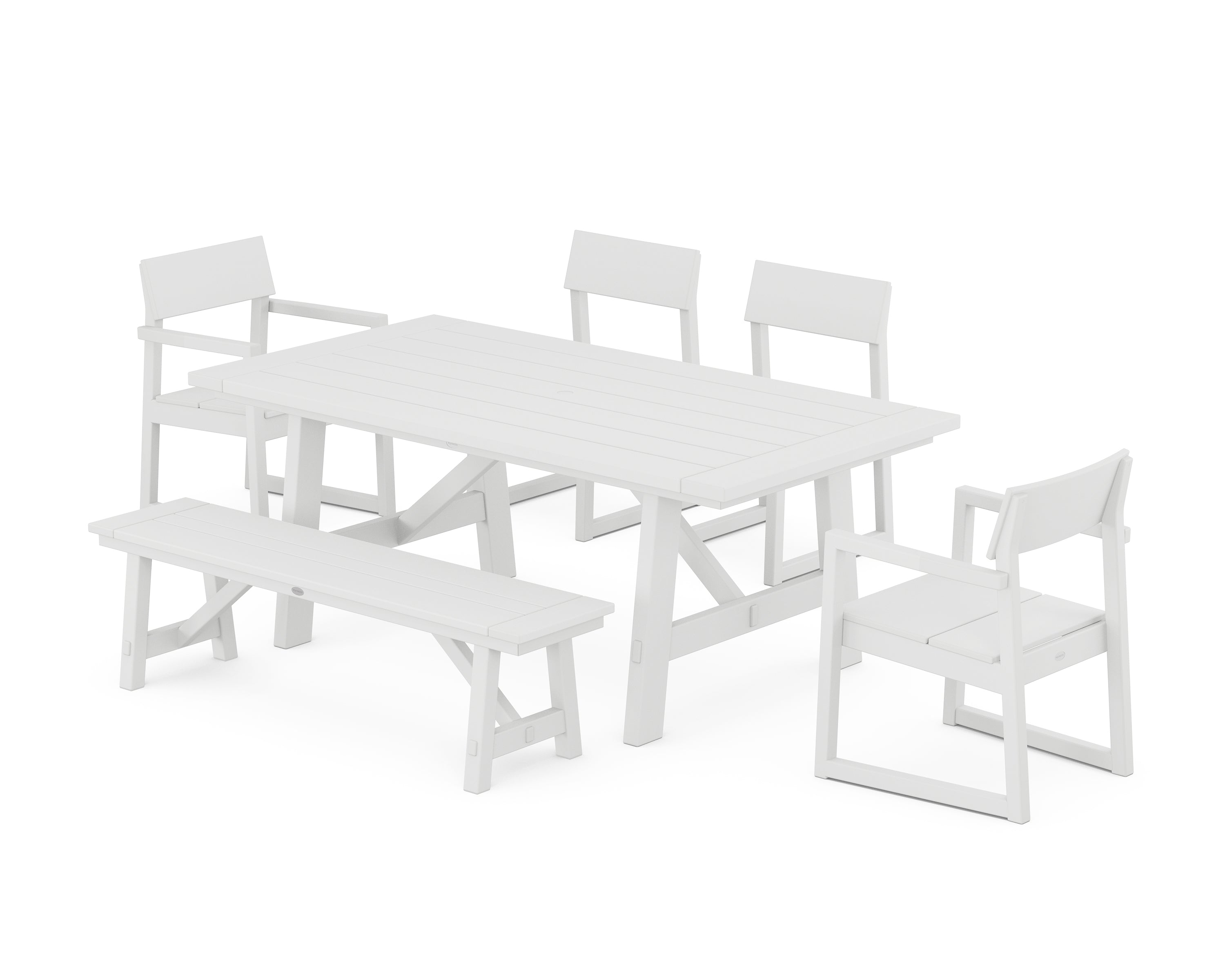 POLYWOOD EDGE 6-Piece Rustic Farmhouse Dining Set with Bench in White