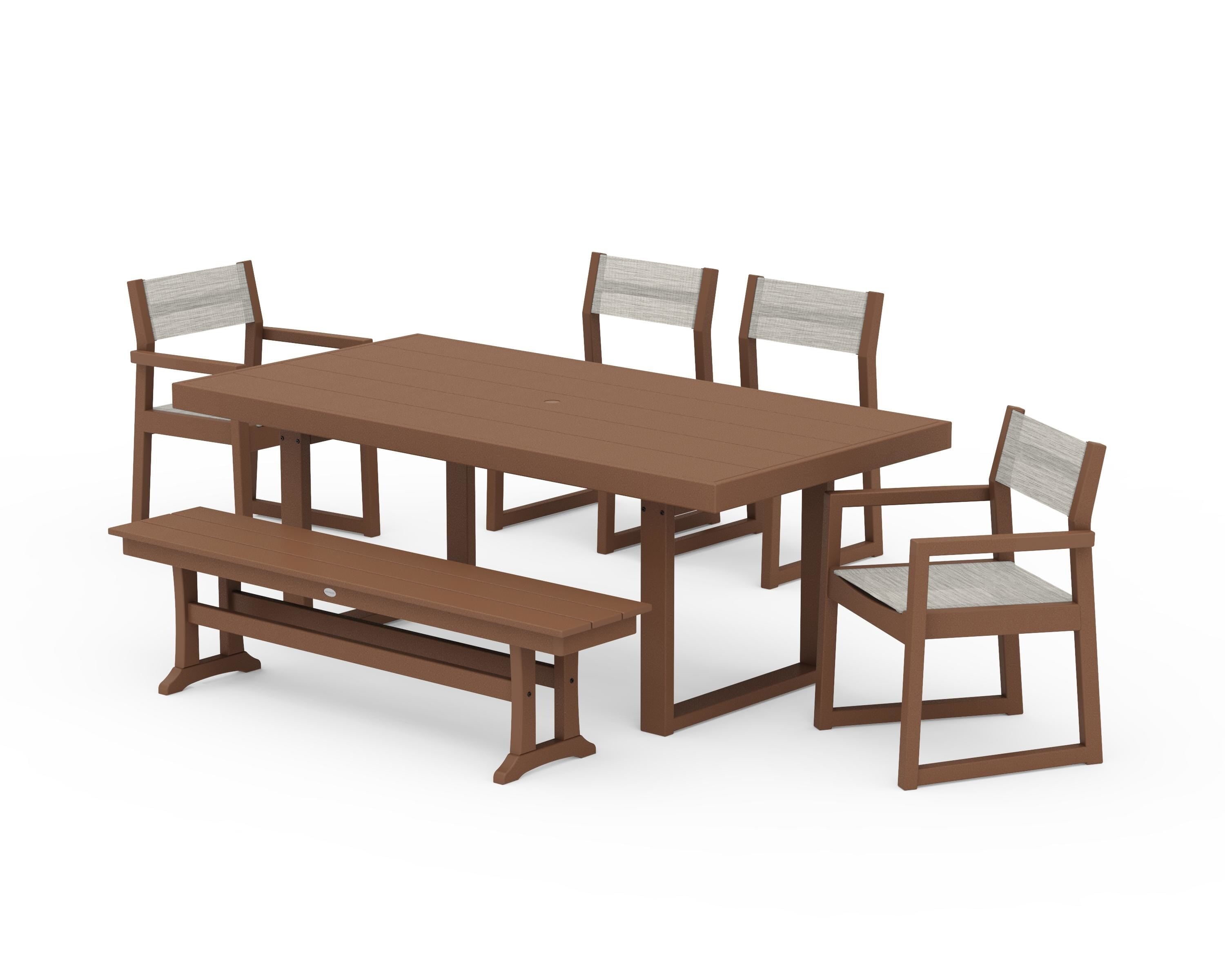 POLYWOOD EDGE Sling 6-Piece Dining Set with Bench in Teak / Birch Sling