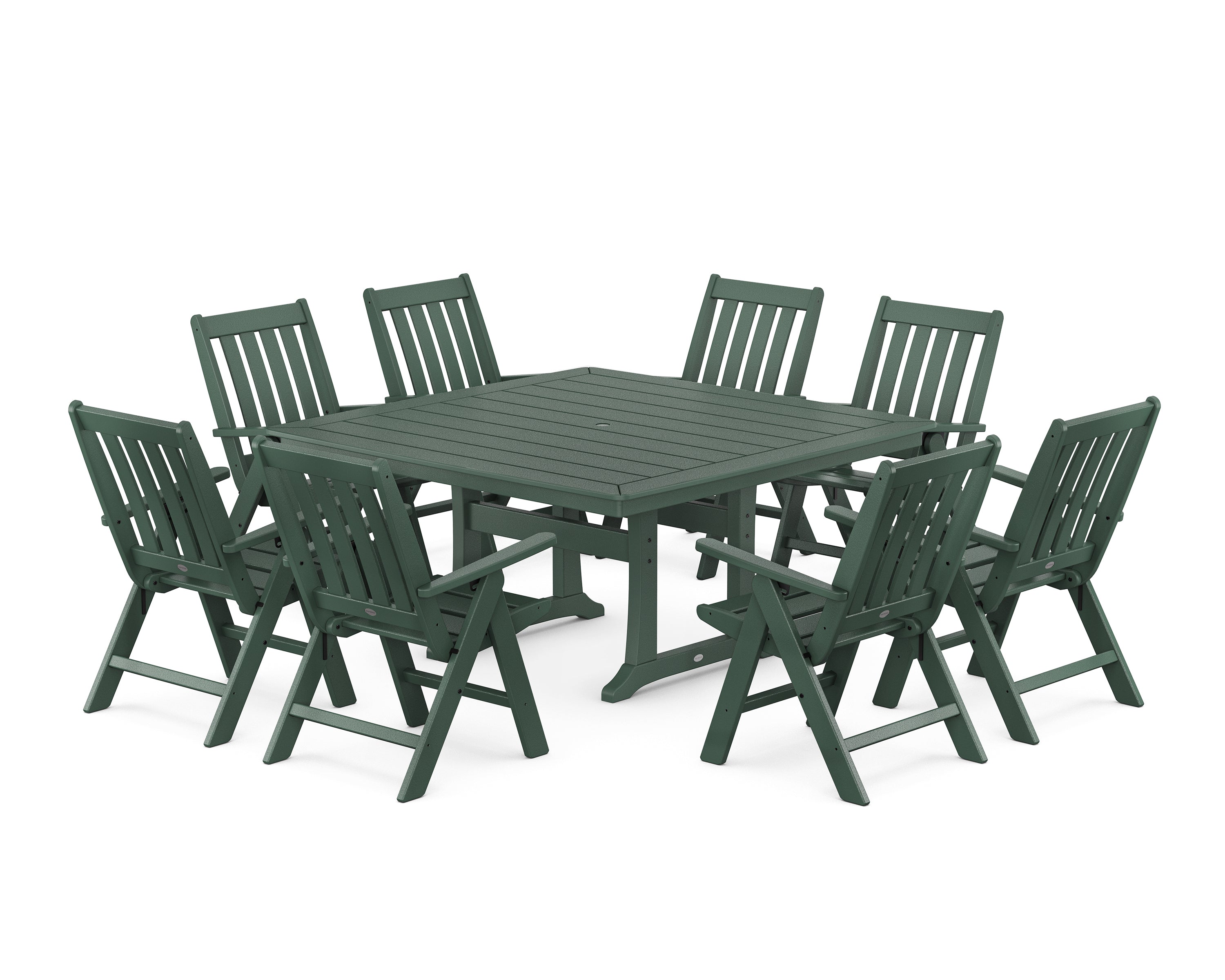 POLYWOOD Vineyard Folding Chair 9-Piece Square Dining Set with Trestle Legs in Green