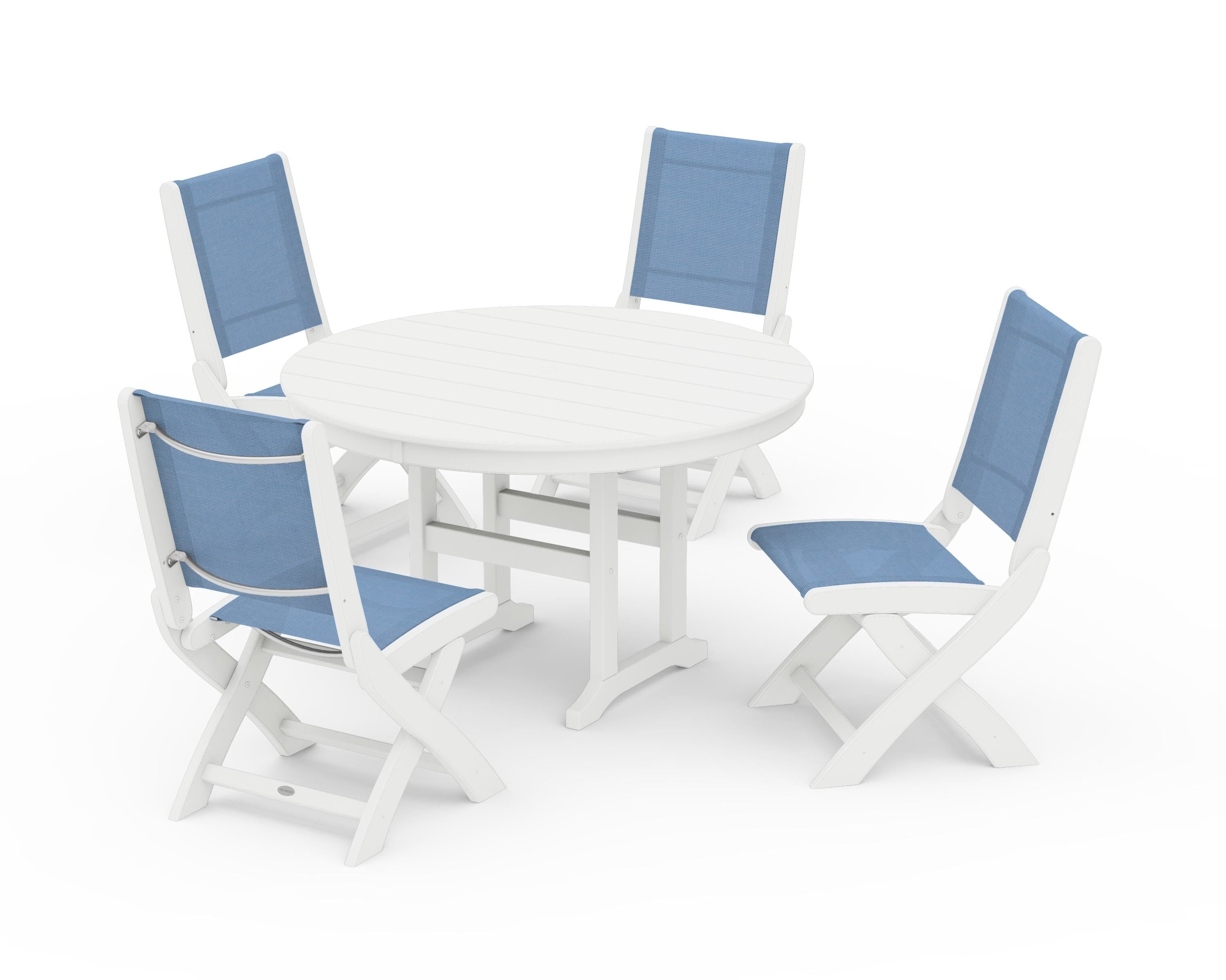 POLYWOOD Coastal Folding Side Chair 5-Piece Round Dining Set in White / Poolside Sling
