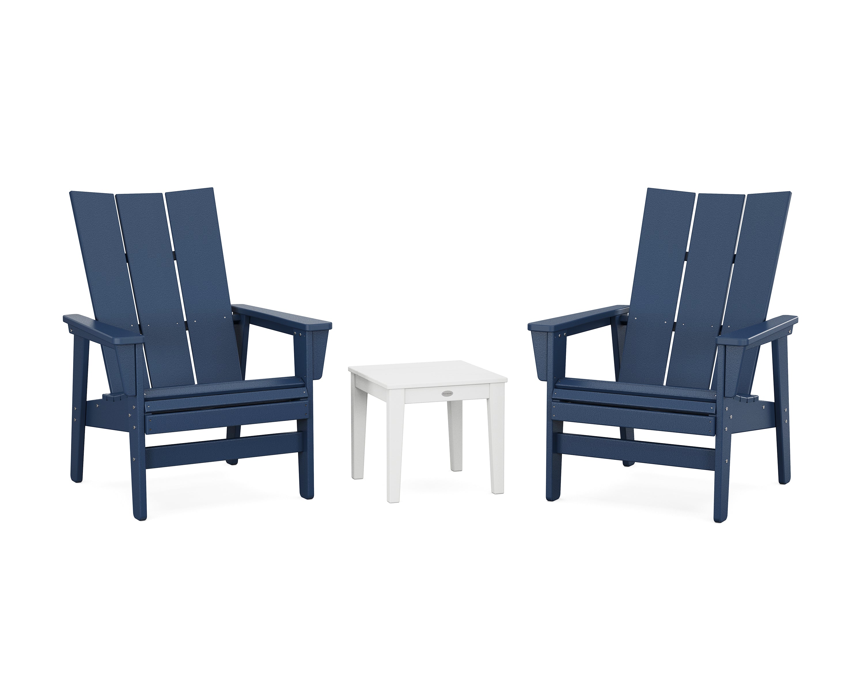 POLYWOOD 3-Piece Modern Grand Upright Adirondack Set in Navy / White
