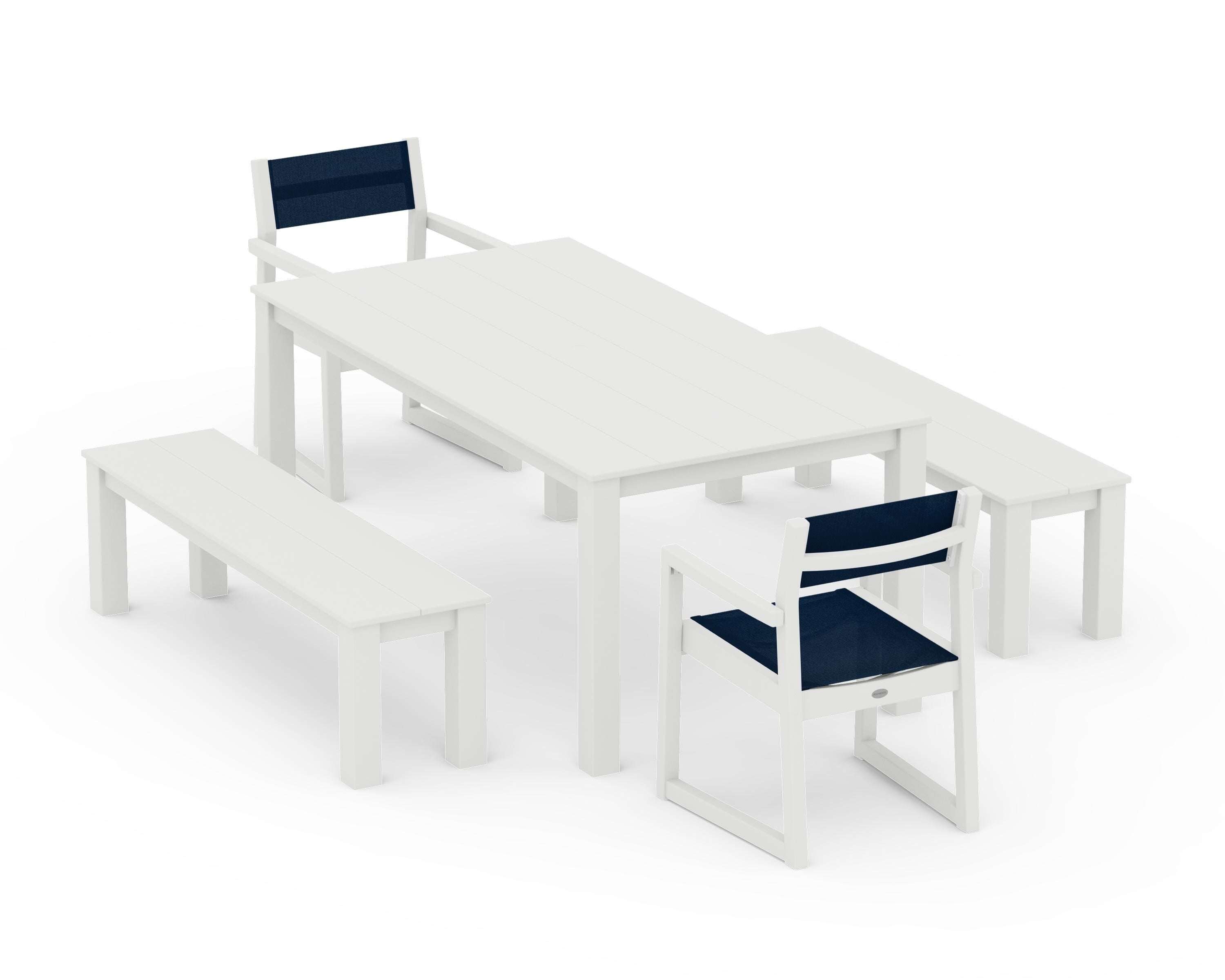 POLYWOOD EDGE Sling Arm Chair 5-Piece Parsons Dining Set with Benches in Vintage White / Navy Blue Sling