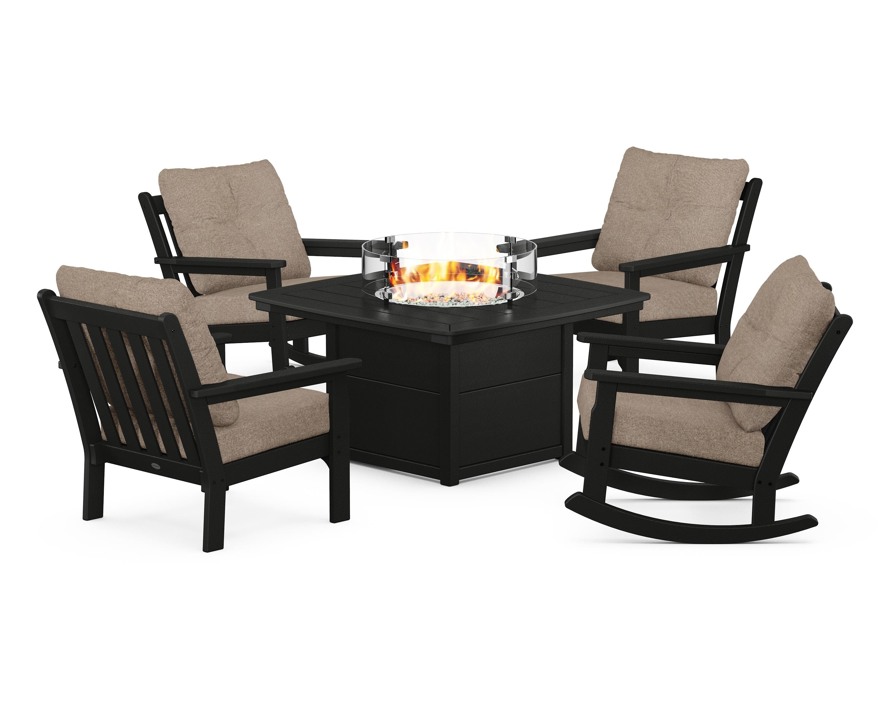 POLYWOOD Vineyard 5-Piece Deep Seating Rocking Chair Conversation Set with Fire Pit Table in Black / Spiced Burlap