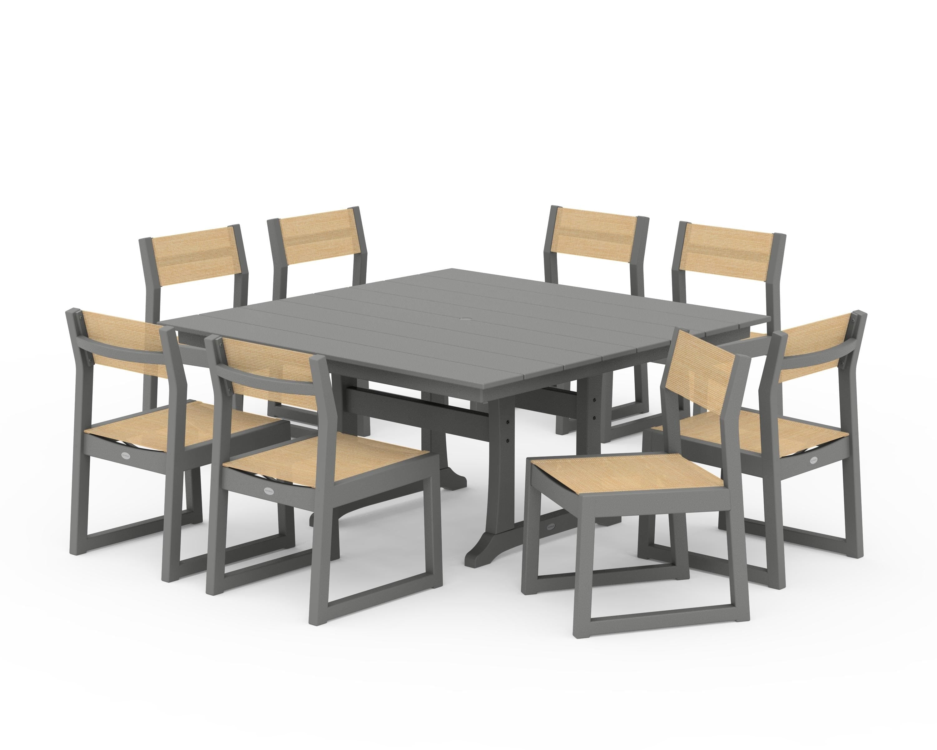 POLYWOOD EDGE Sling Side Chair 9-Piece Farmhouse Trestle Dining Set in Slate Grey / Dupioni Apricot Sling