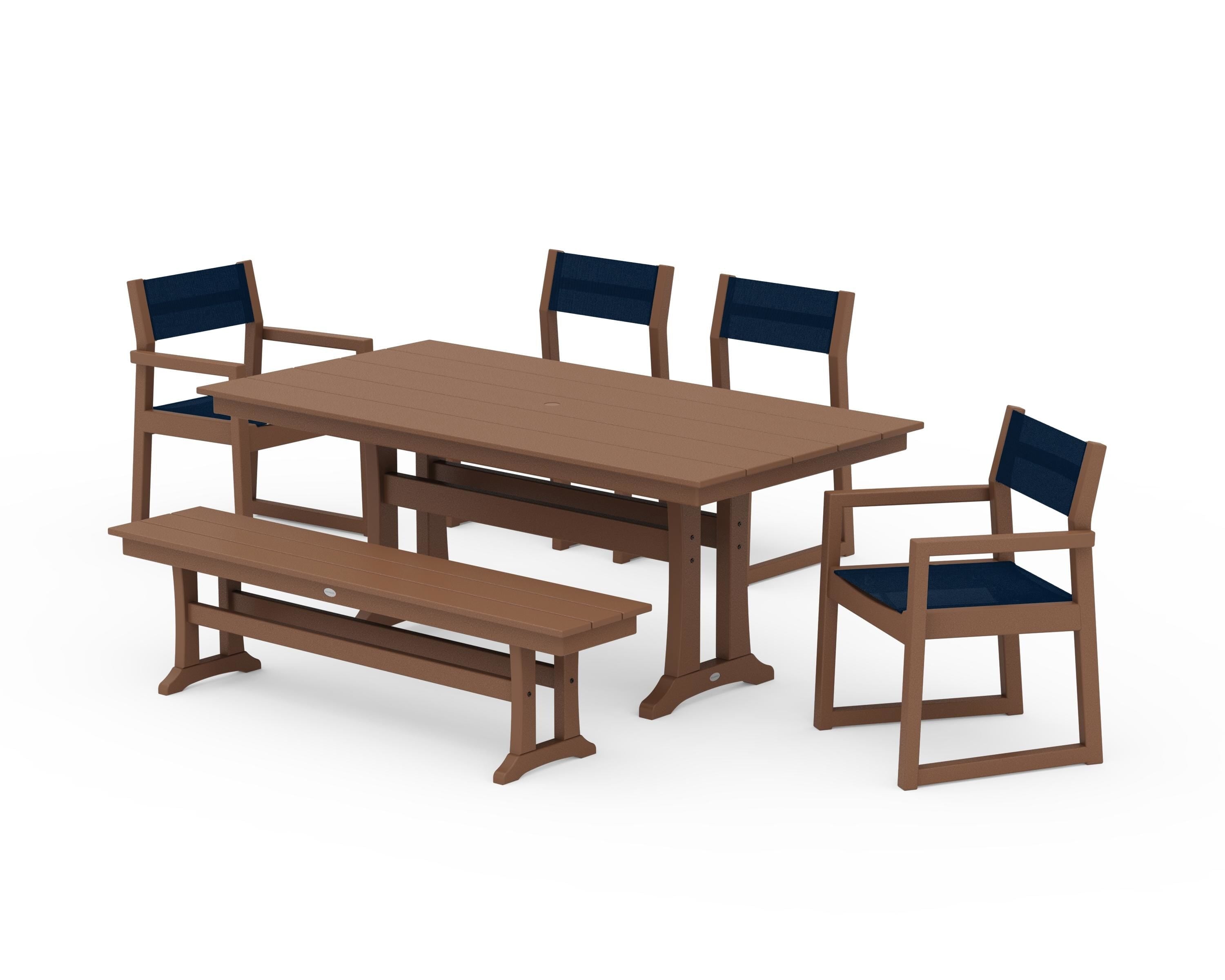 POLYWOOD EDGE Sling 6-Piece Farmhouse Dining Set With Trestle Legs in Teak / Navy Blue Sling